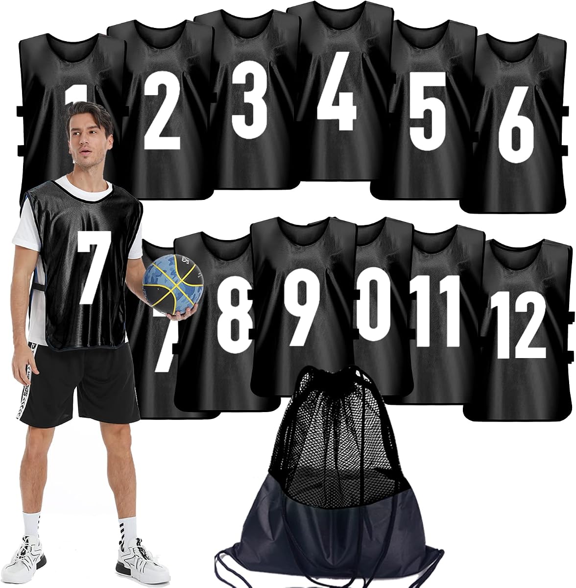 12 Pcs Team Sports Pinnies for Youth,Numbered Practice Jerseys