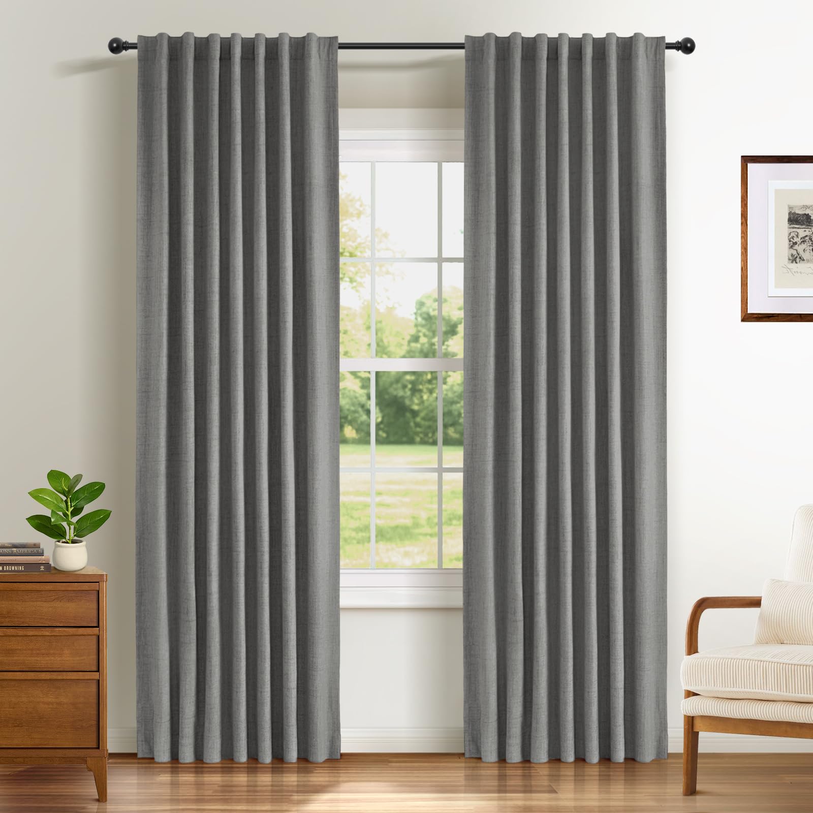 Runyéla 100% verduisteringsgordijnen linnen gordijnen met ogen set van 2, thermogordijn hittebescherming H 200 x B 200 cm, linnenlook gordijnen lichtdicht lichtbeige geluidsbescherming voor slaapkamer