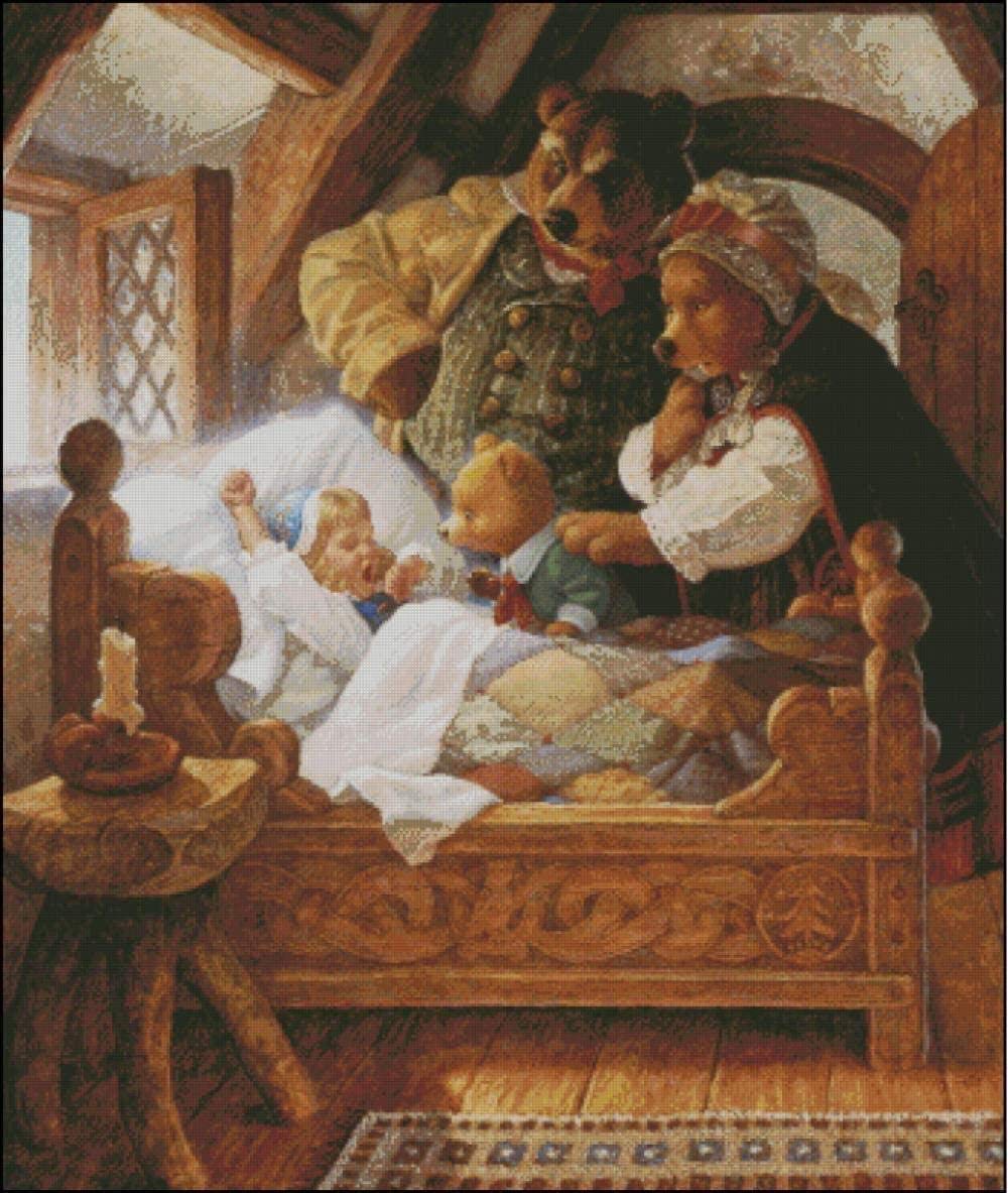Counted Cross Stitch Kits for Beginner Teddy Bear in Bed 11CT Stamped Cross Stitch Pre-Printed Pattern Embroidery DIY Children's Adult Home Decoration 16x20 inch