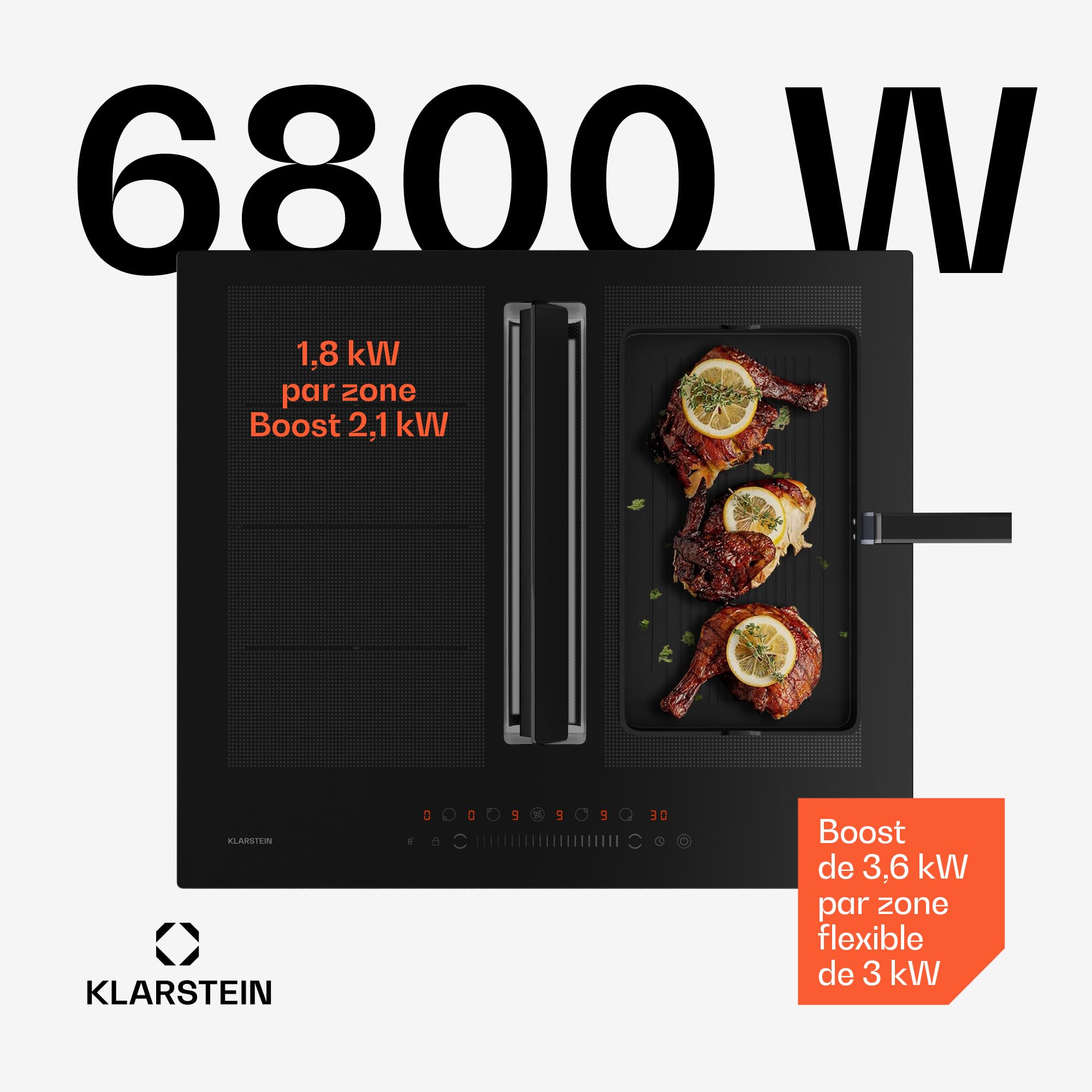 Klarstein Chef-Fusion indukčná varná doska s digestorom - 60 cm, 600 m³/h, 6400 W, flexi zóna, energetická účinnosť A, dotykové ovládanie, úspora miesta, čierna, indukčná varná doska