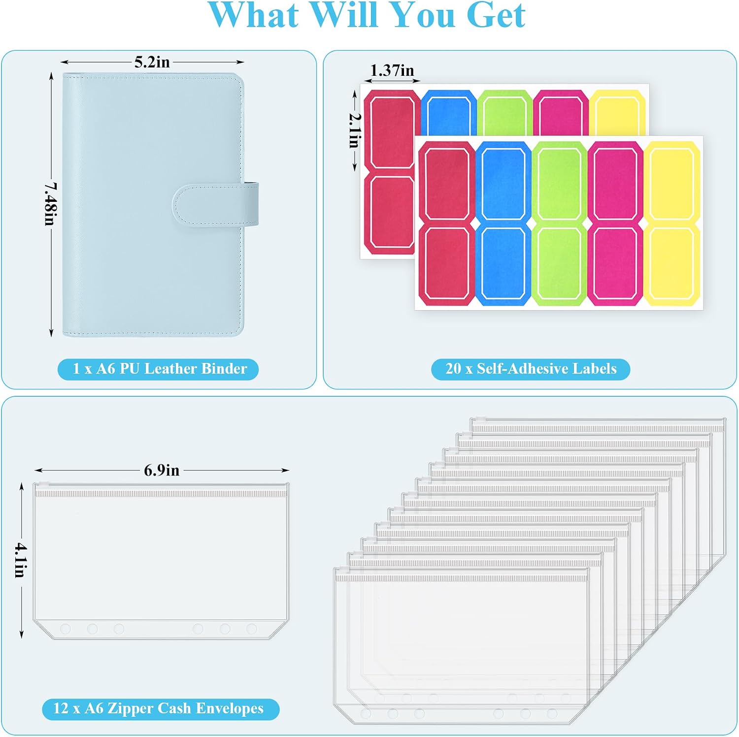 Antner A6 Budget Binder with Zipper Cash Envelopes for Money Organizer & Budgeting, PU Budget Planner Money Saving Binder with Cash Stuffing Envelopes & Labels for Home Office Travel, Mint Blue