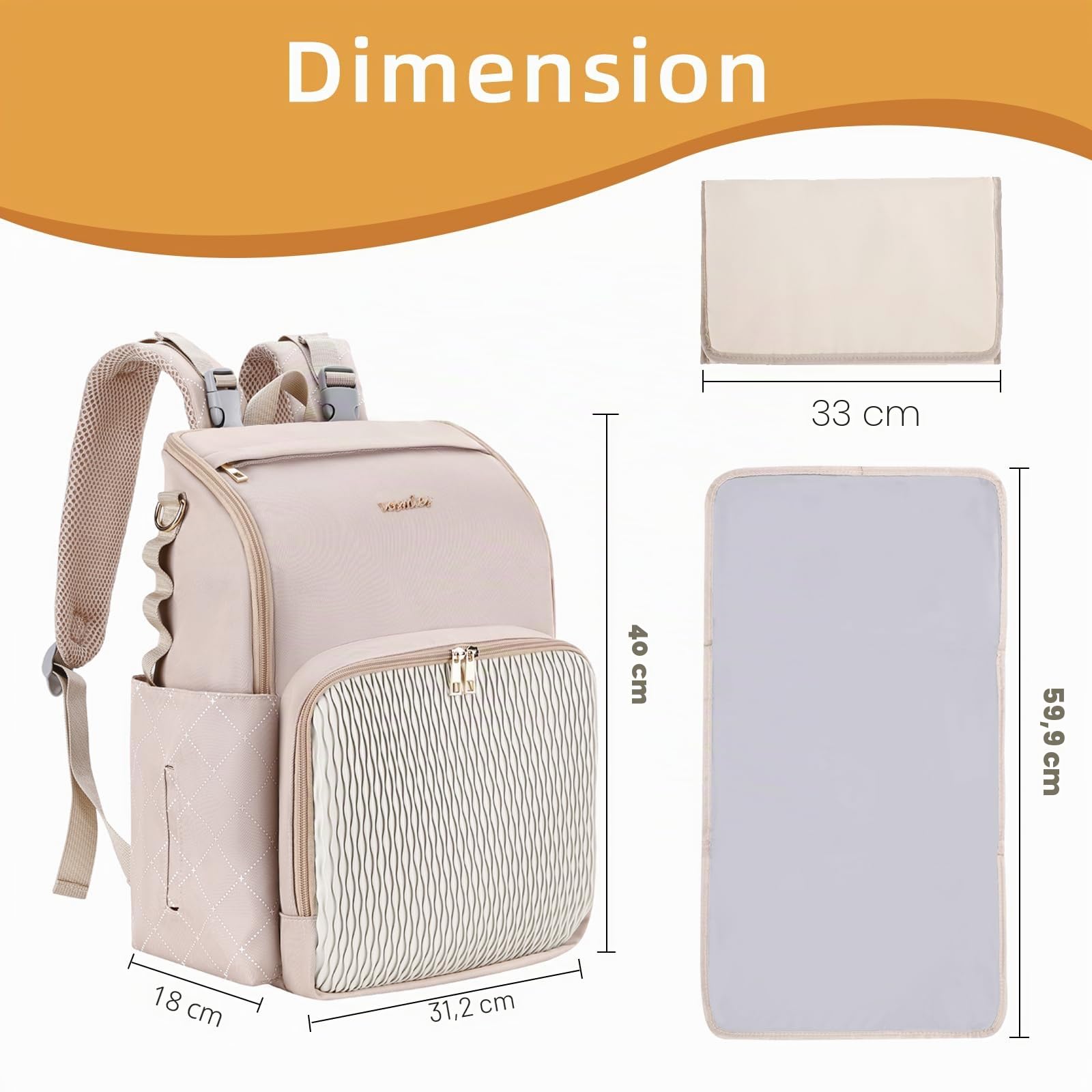Élégant sac à langer pour bébé, sac pour bébé avec matelas à langer, étui pour tétine et sangles de poussette