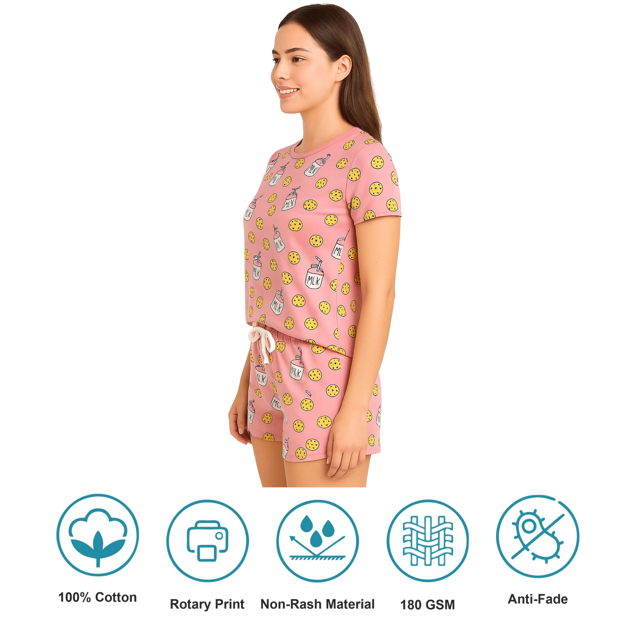 Hestia Cotton Night Suit for Women | Sleep Wear | Night Wear Dress Set with Shorts and Top/T-Shirt | Breathable Fabric | Shrink Free Material | Cookies Printed | Pink | Small | Set of 1 - Image 4 thumbnail