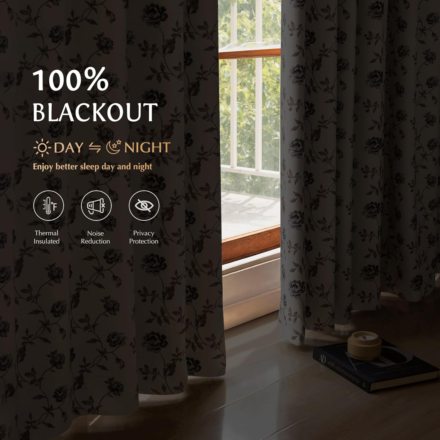 Beauoop Floral 100% Blackout Curtains 84 Inches Long 2 Panels for Bedroom Living Room Grey Brown on Beige Vintage Rose Flower Patterned Room Darkening Thermal Soundproof Grommet Window Drapes, 52X84
