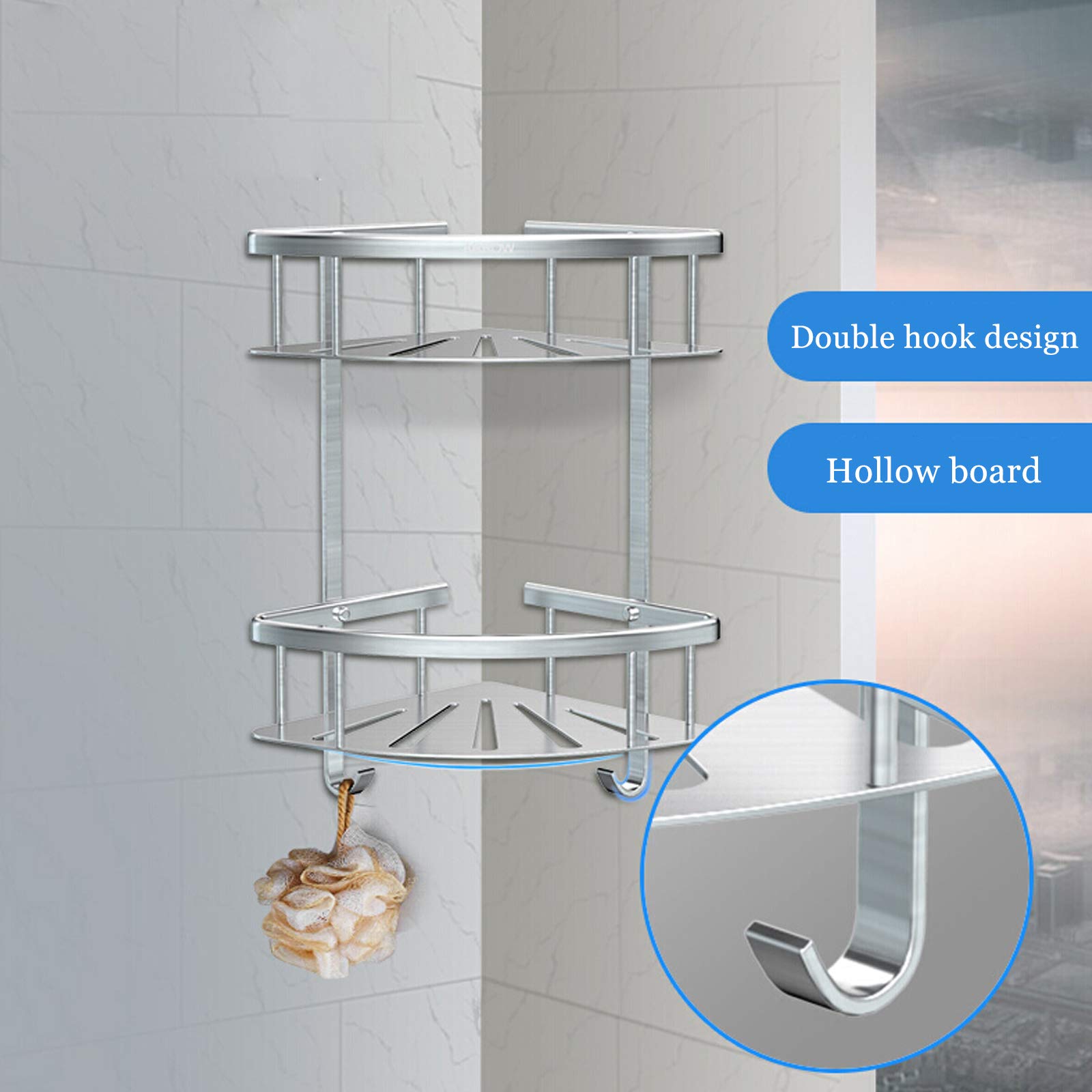 Przechowywanie w łazience 2 poziomy Narożny kosz prysznicowy Nierdzewny aluminium Kuchnia Organizator prysznicowy Naścienny trójkątny uchwyt na gąbkę mydlaną z 2 haczykami