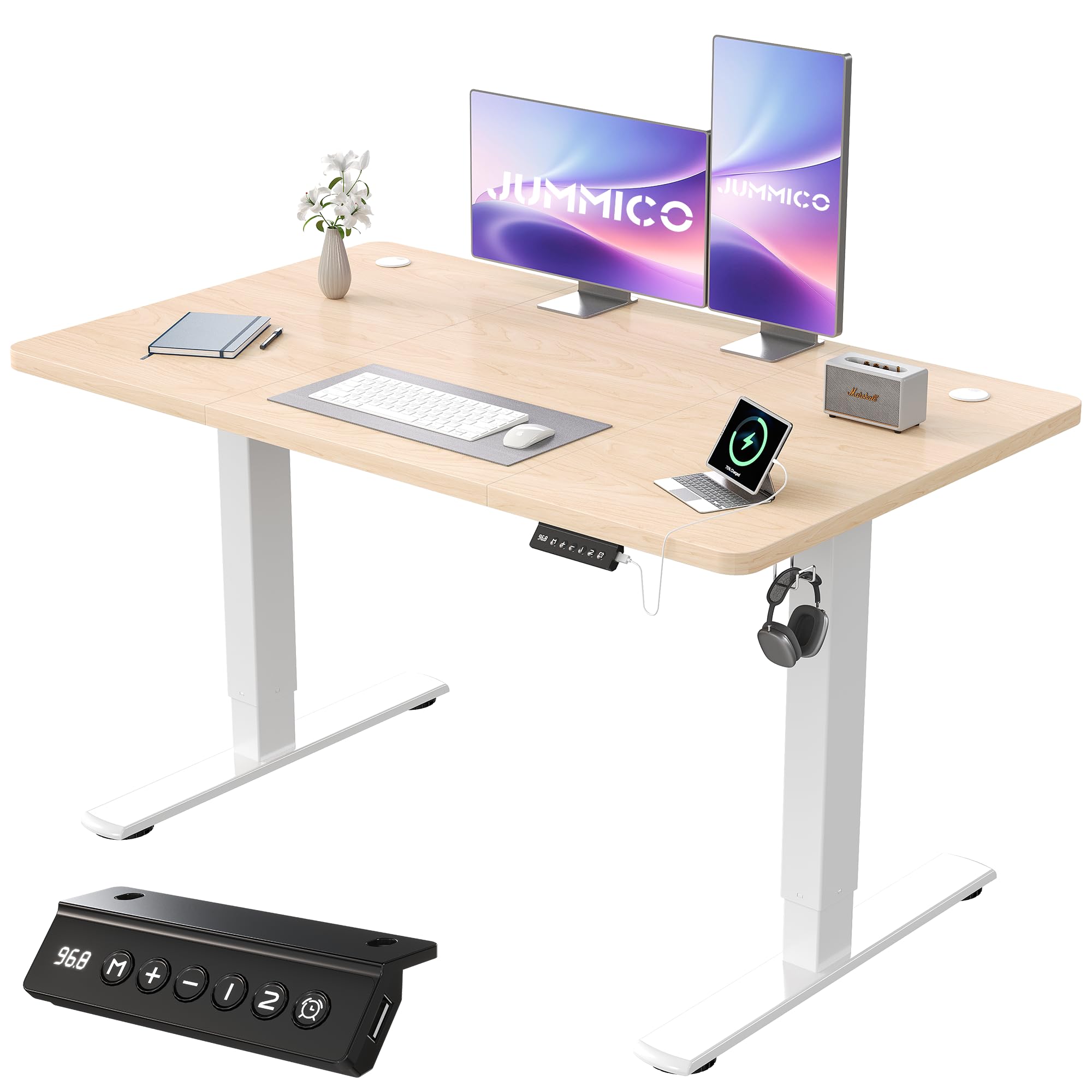 JUMMICO Electric Standing Desk with USB Charging, 120x60cm Height Adjustable Desk with Sedentary Reminder Stand Up Desk with Splice Board for Home Office,Beige