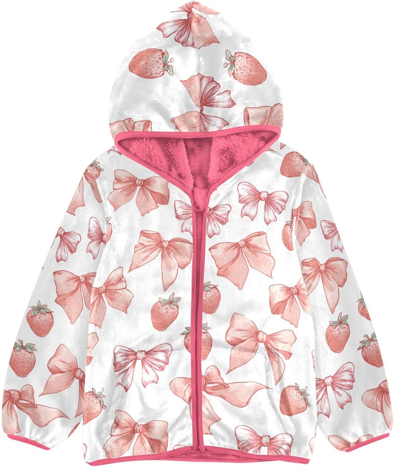 Girls Hoodie Outfit Pink Bows Strawberries Pattern Zipper Sweatshirt Coat Fleece Jacket for Kids 3-10T