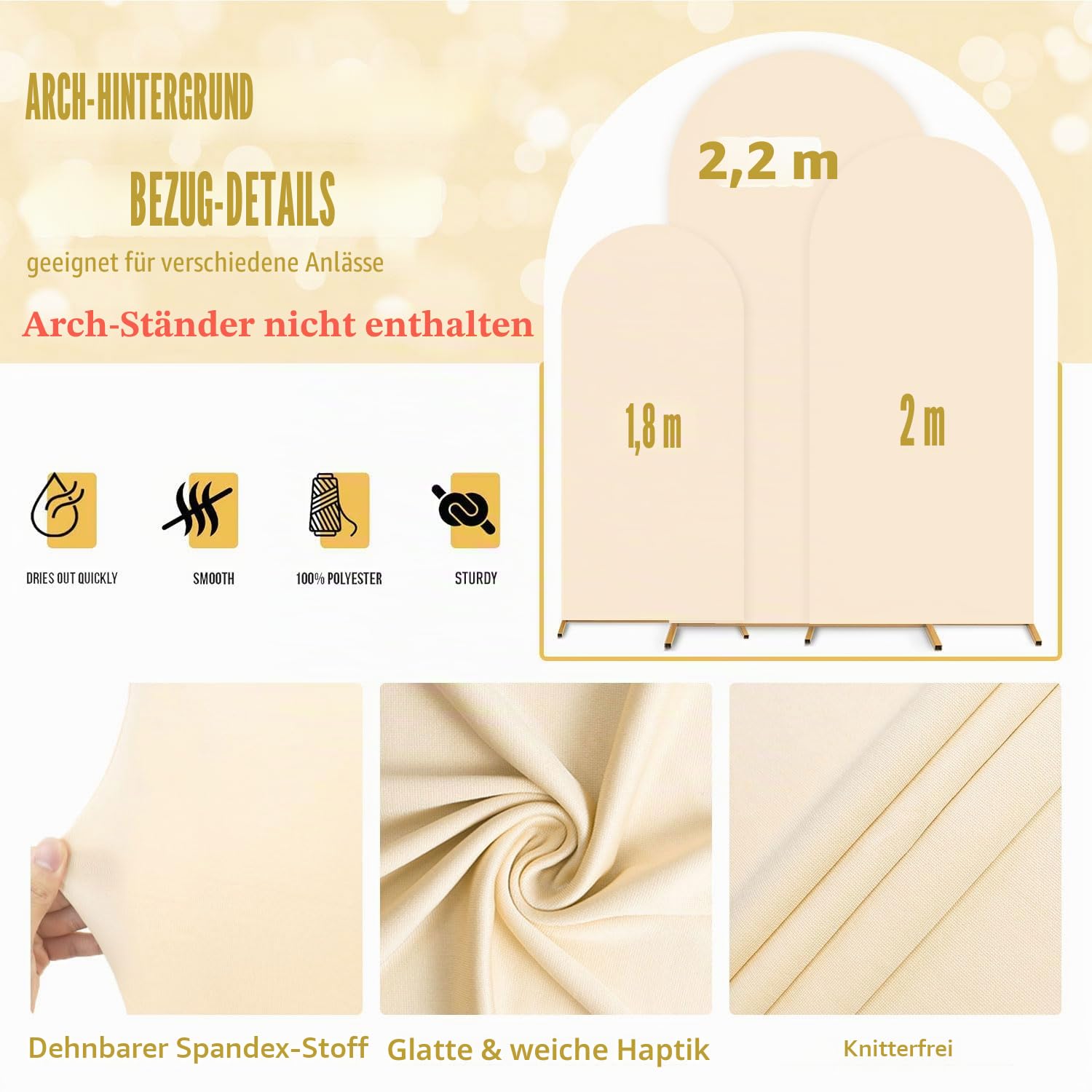 FUHSY Elastan-Bogen-Hintergrundabdeckungen, Set mit 3 Stück, für Hochzeitsbögen und Chiara-Ständer-Set, Beige, 1,8 m, 2 m, 2,2 m