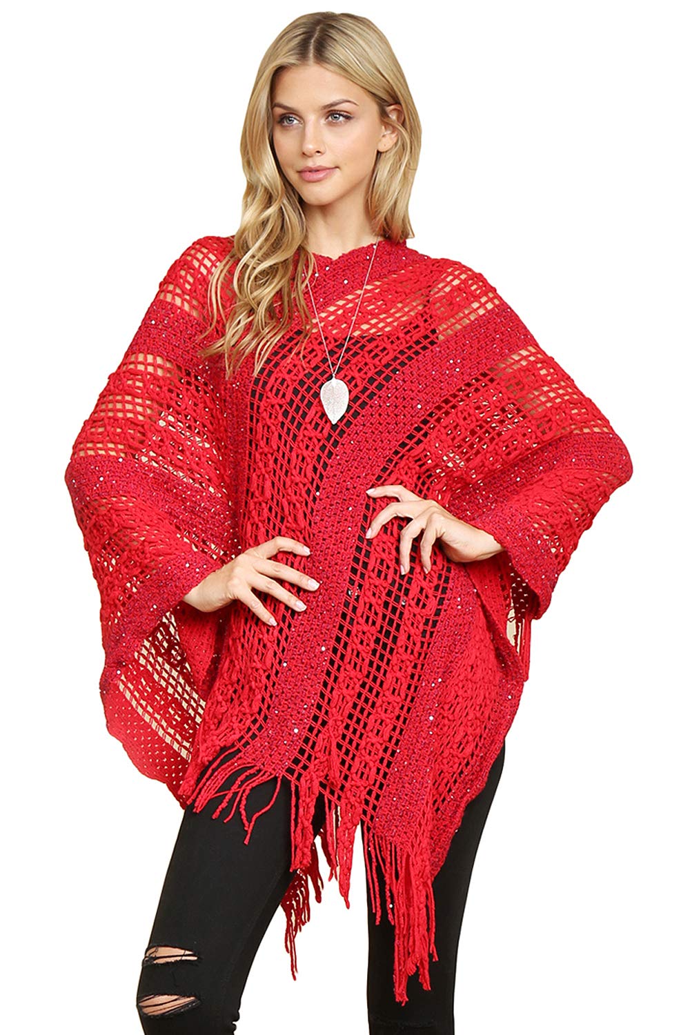 RIAH FASHION Bohemian Sequin Glitter Shawl Wrap Poncho - Kimono Cardigan, Sparkly Metallic Mesh Scarf, Open Knit Crochet