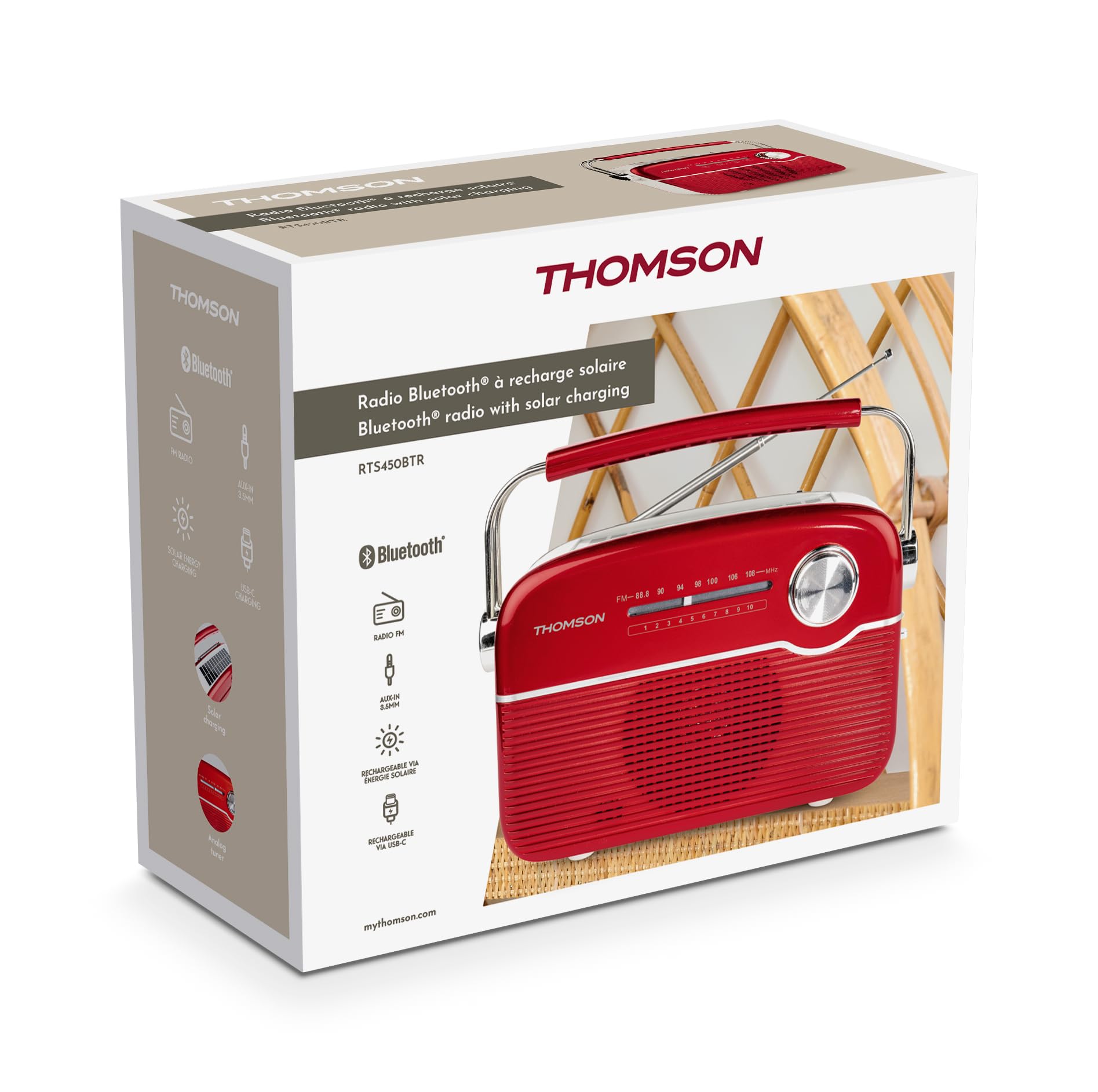 Thomson RT450BTR - Radio FM con Bluetooth y Carga Solar, Antena telescópica, Toma USB-C para Carga, Cable Incluido, Toma AUX 3,5mm, Rojo
