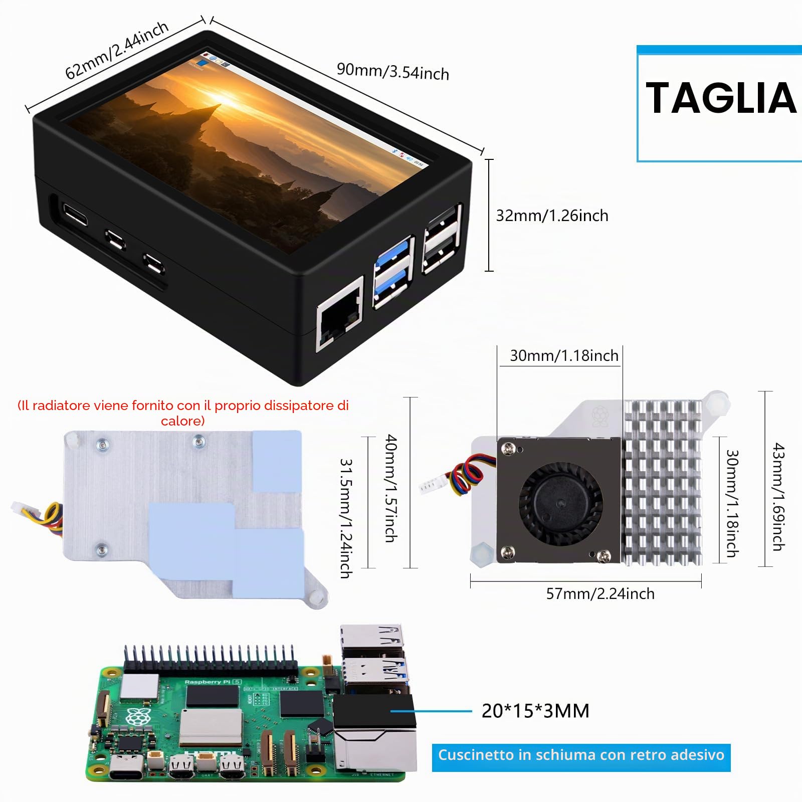 GeeekPi Display per Raspberry Pi 5, Touchscreen da 3,5 Pollici con Custodia, Monitor LCD TFT 480x320 60 fps e Dispositivo di Raffreddamento Attivo Ufficiale
