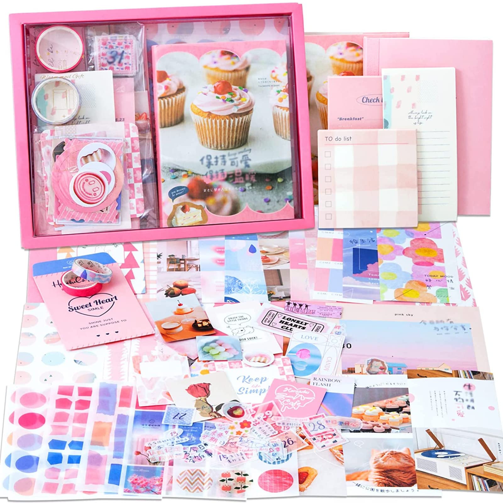 The AutoStory Floral Scrapbooking Bundle A6 Junk Journal Aesthetic Decals Art Craft Pages Washi Tape DIY Stationery Set Planner Decor Keepsake Present for Teens Girls (My Sweetheart, Pink)