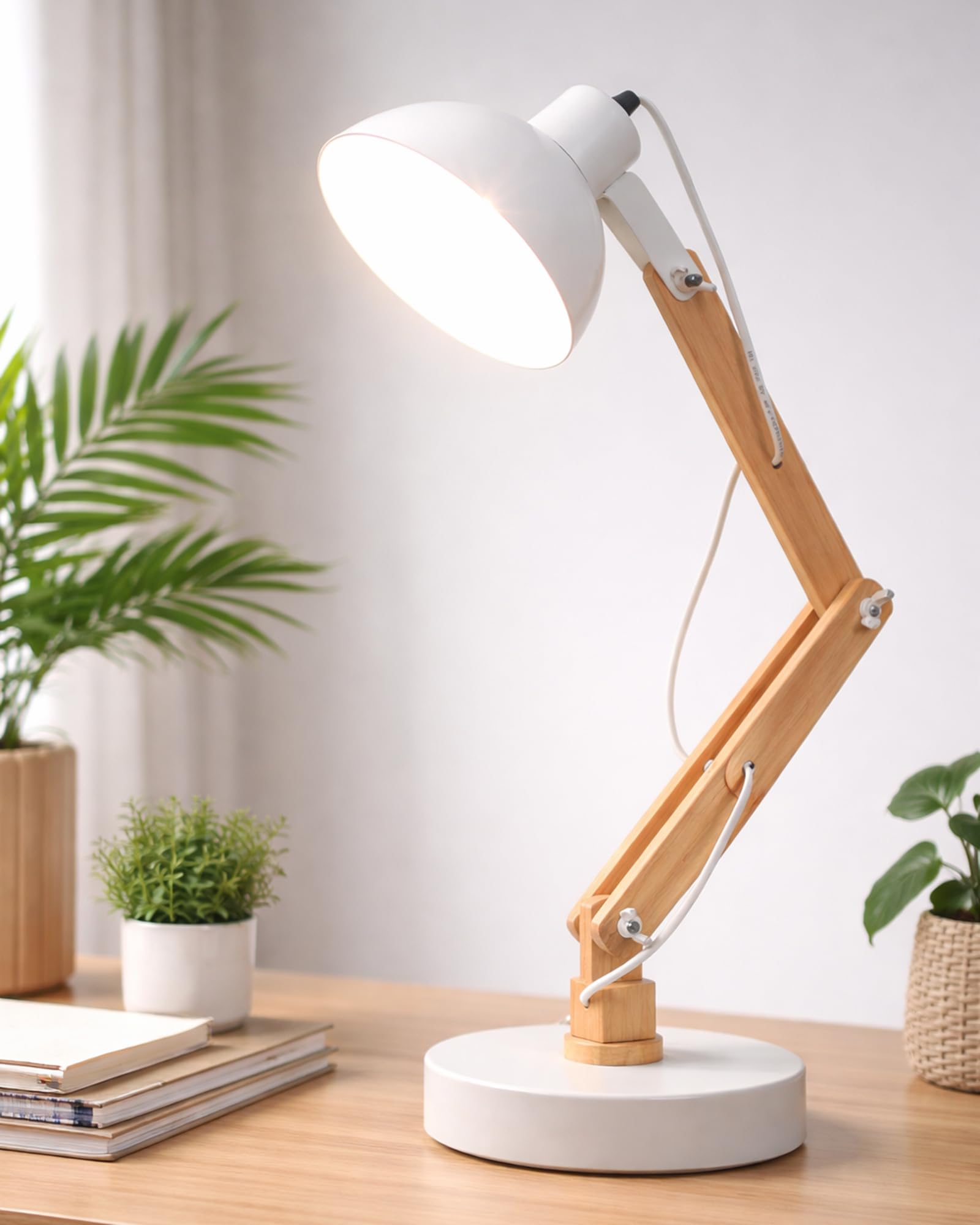 Homesake® Lamp, Table Lamp, Study Lamps, Home Decor Items, Lamp for Living Room, Light Lamps, Desk Lamp, Table Lamps for Bedroom, Room Decor, Swing Arm - (Wood Metal, White)