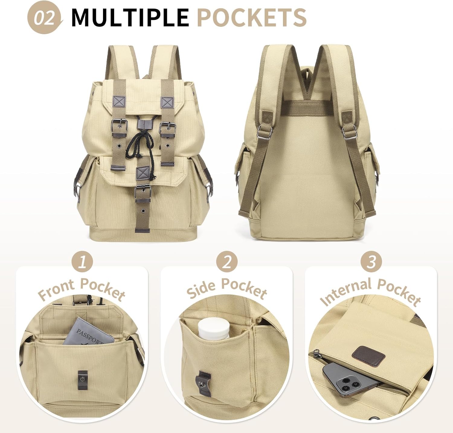 Vintage Canvas Backpack for Men Women, Durable Casual Daypack, Large Capacity Travel Rucksack Fits for Hiking and Daily Use (Khaki) - Image 4