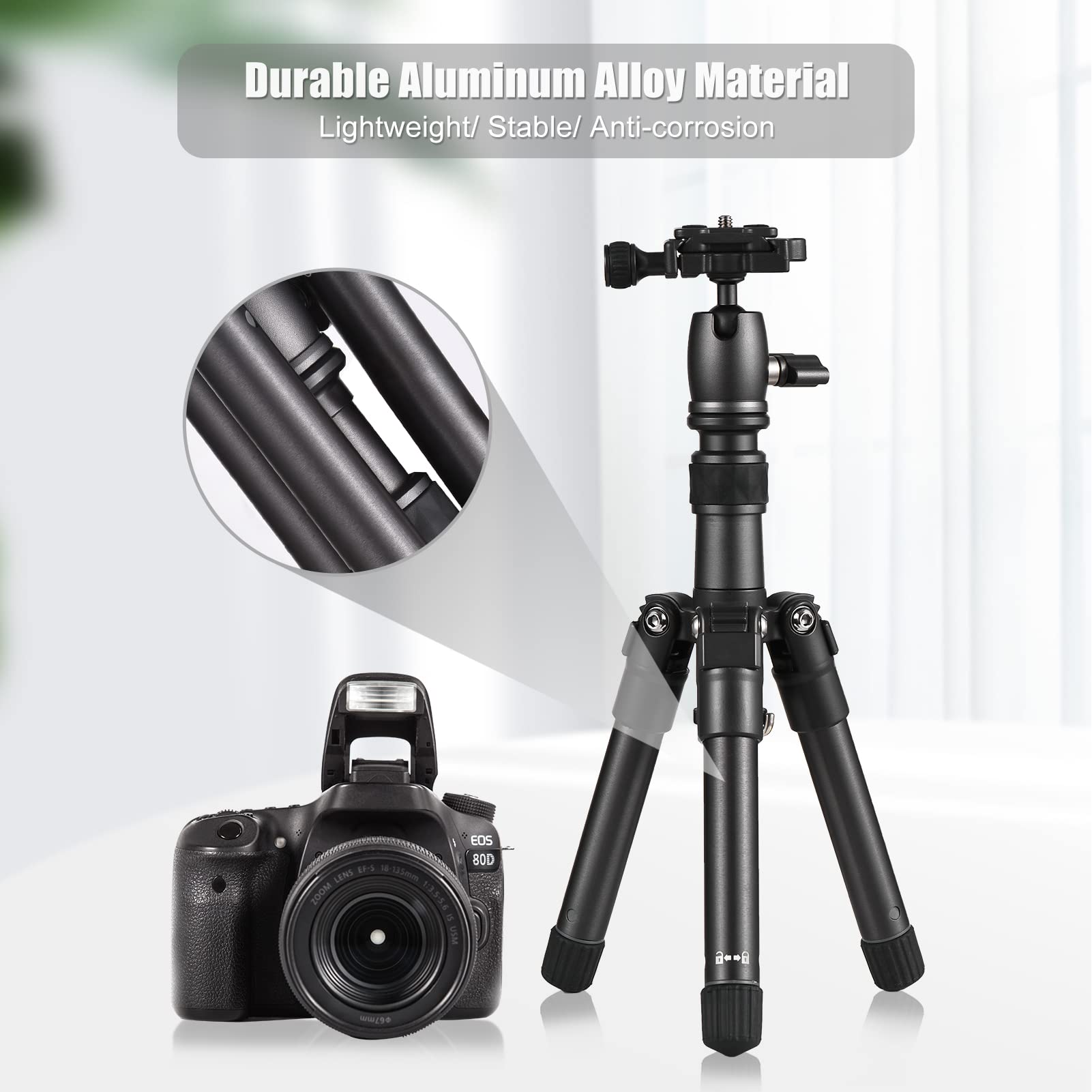 Treppiede da Tavolo Portatile in Lega di Alluminio Altezza 66 Cm Max.Carico 5 Kg con Testa a Sfera a 360° per Smartphone con Fotocamera DSLR 【Leggero e Facile da trasportare】