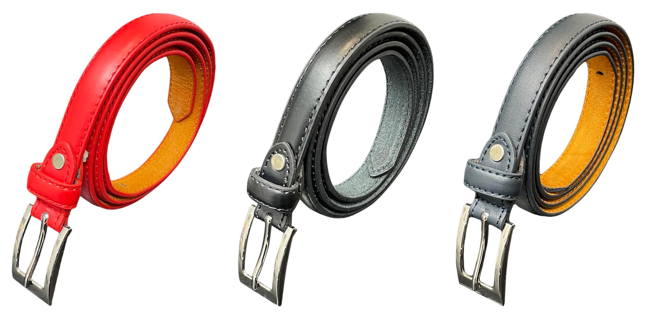 Ladies Thin, Leather Lined Dress Belt, Waist 26" - 41", Women's Belts 0.75" Wide, Silver Buckle, Belts for Women (Red, 26" - 29")