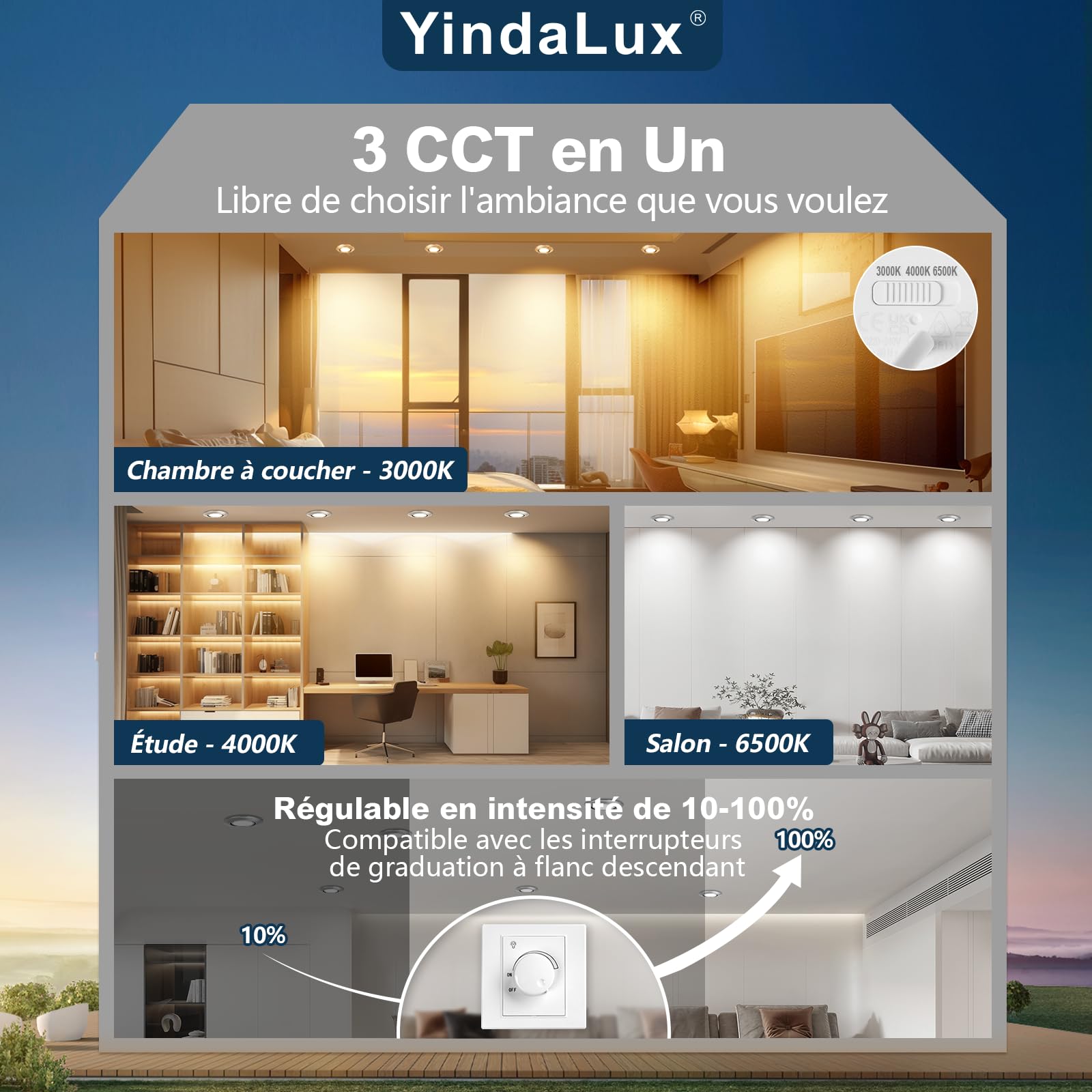 YindaLux Lot de 6 3CCT Module LED 230V - Ultra plat ø50*23mm Pour Spots Encastrés - 4.9W 500LM Angle de Faisceau 120° - 3000K/4000K/6000K Dimmable - Remplace les Ampoules GU10 MR16 - IP44 Etanche