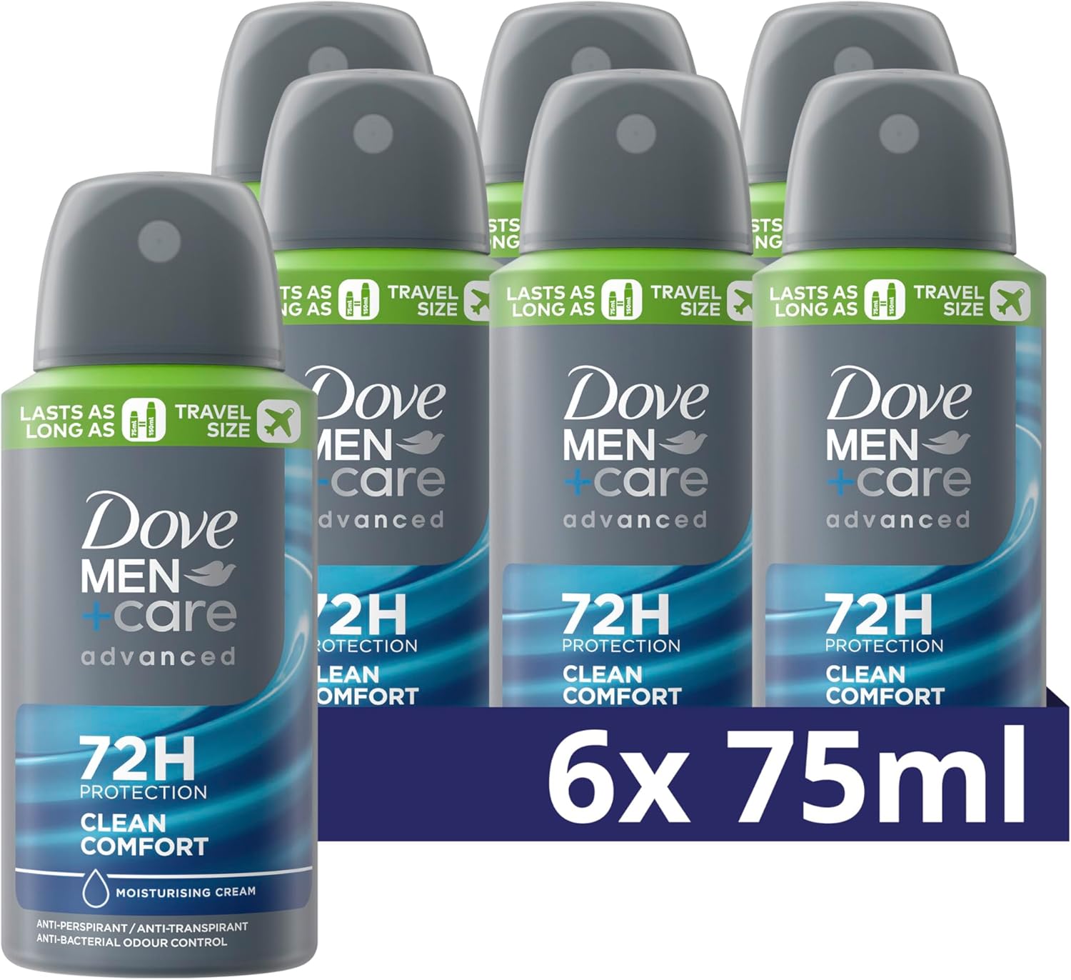 Dove Men+Care Advanced Clean Comfort Anti-Transpirant Deodorant Spray, tot 72 uur bescherming tegen zweet en nare geurtjes – 6 x 75 ml – Voordeelverpakking