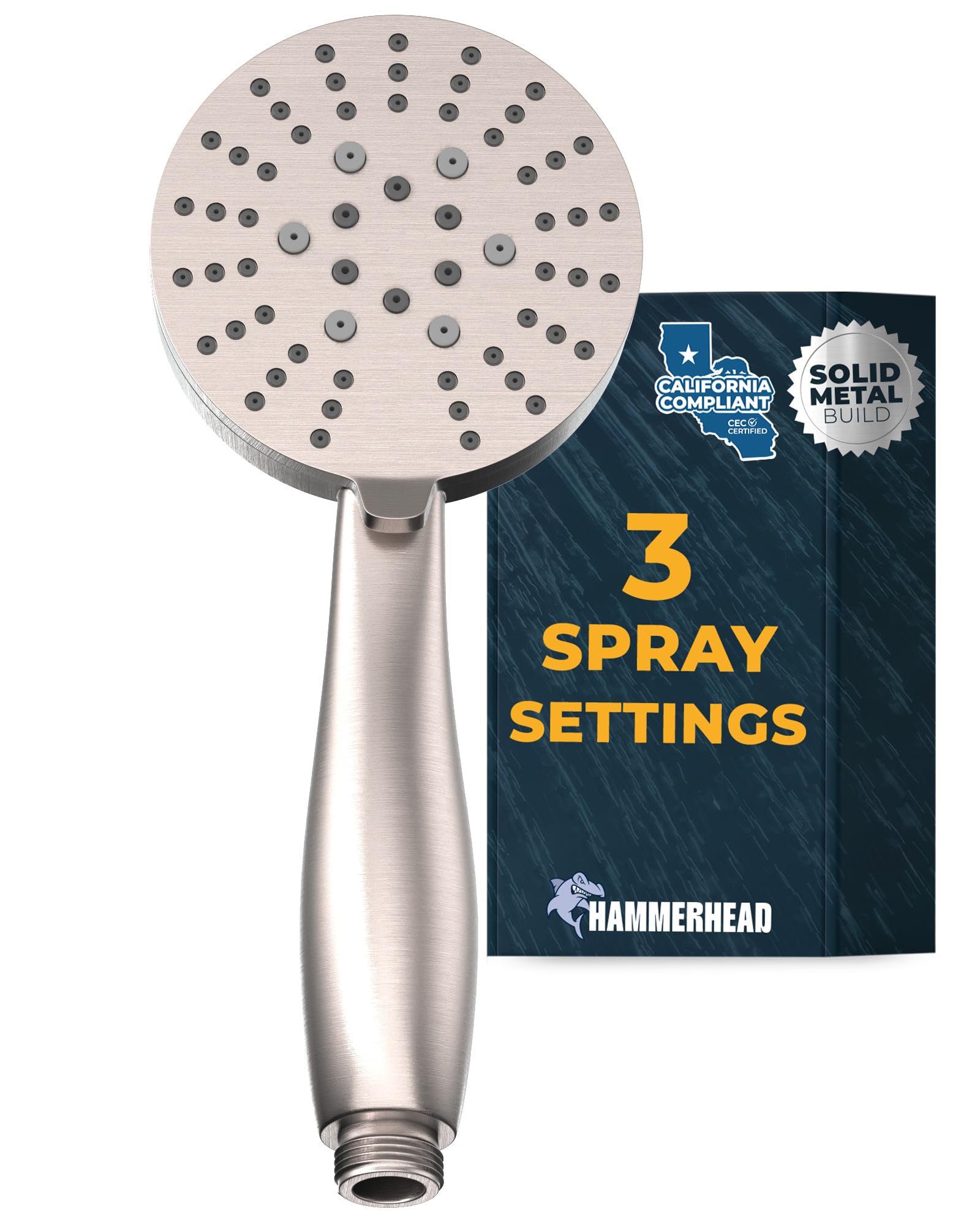 Hammerhead Showers Brushed Nickel Hammerhead Showers® Solid Metal 3-Spray Hand Held Shower Head, | Select From Wide, Massage, And Mist Sprays | 1.75 Gpm Low Flow Handheld Showerhead | Made From 304 Stainless Steel