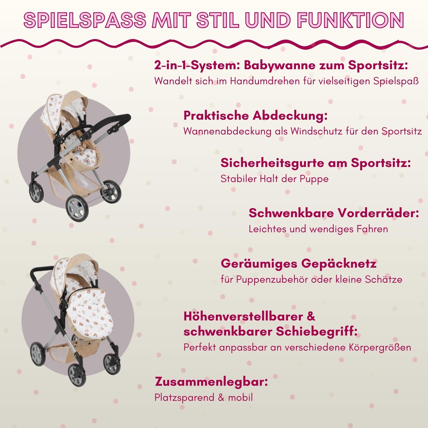Bayer Chic 2000® 2 w 1 wózek dla lalek Mila – misie beżowe – uchwyt z regulacją wysokości 39-72 cm – nowoczesny stelaż – lalki do 50 cm – 3-7 J.