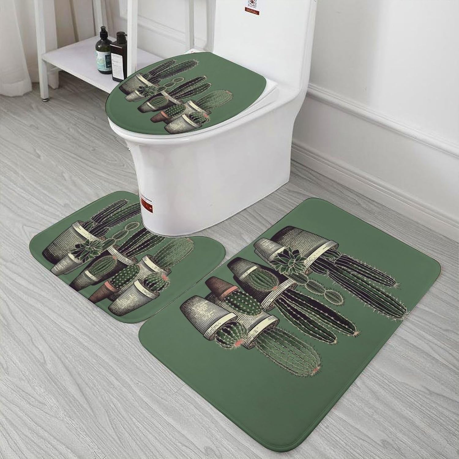 Anti-Skid Floor Mats 3 Piece Set,Green Cactus Printed Coral Fleece Bathroom Mats U-Shaped Contour Mat Toilet Seat Cover for Bathroom, Tub, Shower, Kitchen 19.7"x31.5"