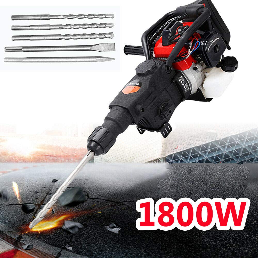 Gasoline Jack Hammer - 2 Stroke Jack Hammer, 1800W Concrete Gas Breaker Drill, 3in1 Gas Demolition Jack Hammer & Drill Chisel Concrete Breaker Bit Tool Set