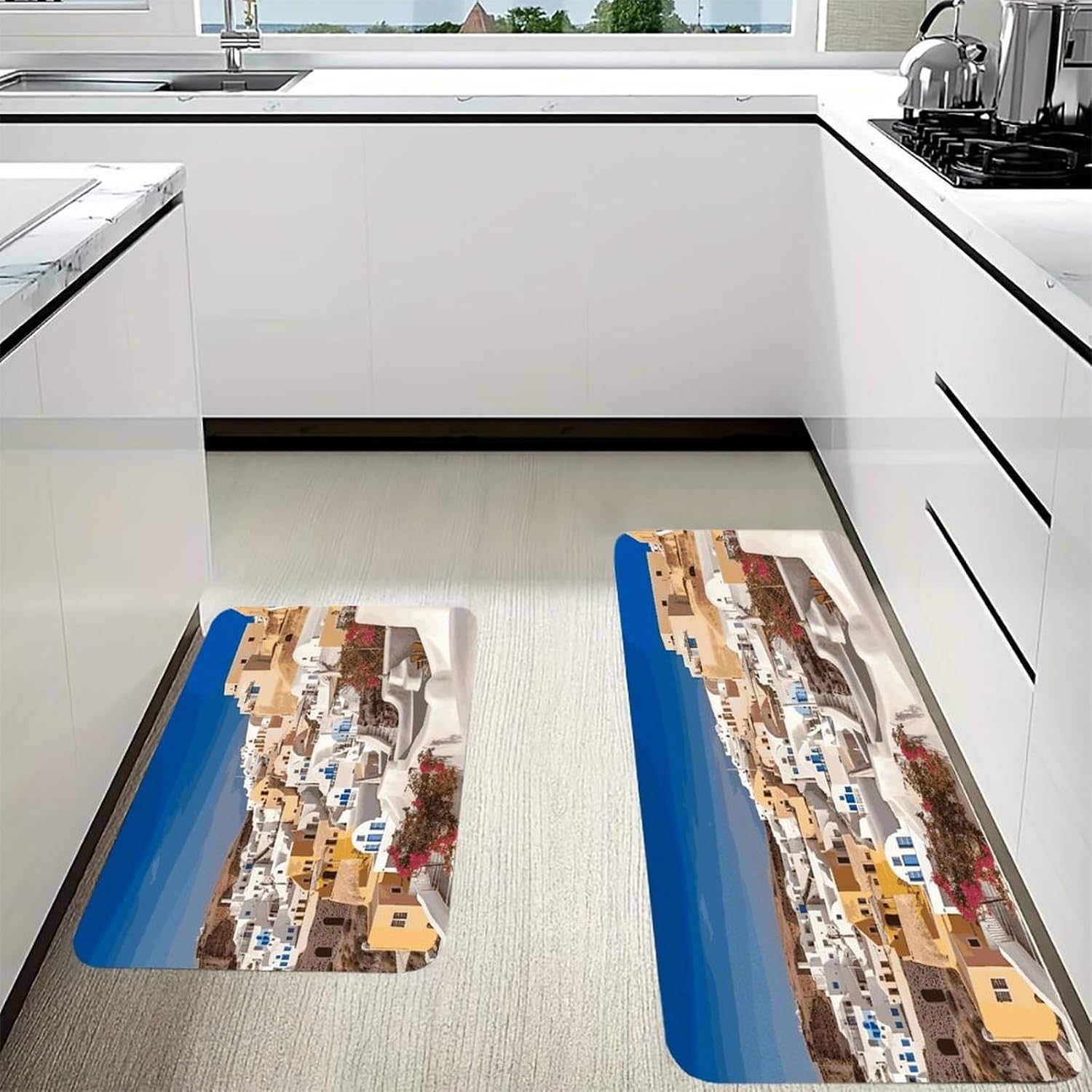 Santorini Town Kitchen Mat Kitchen Rug Set | Kitchen Rugs Flannel Velvety Washable breathable Water Absorbent Soft ，kitchen utensils for Kitchen, Floor,Laundry