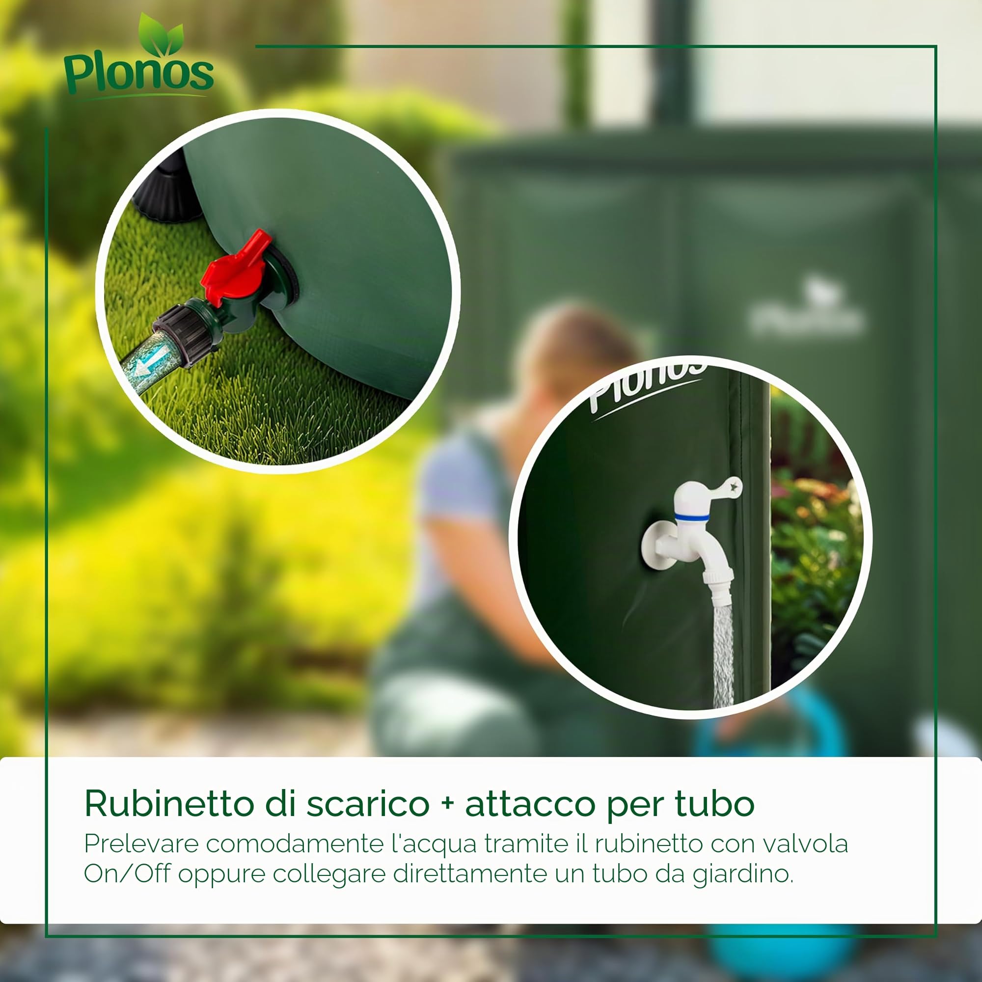 Serbatoio dell'acqua piovana 1000 l con valvola di scarico 96 x 120 cm, verde