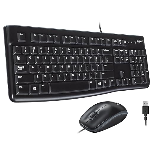 Logitech MK120 Wired Keyboard and Mouse Combo for Windows, Optical Wired Mouse, Full-Size, USB, Compatible with PC, Laptop - Black