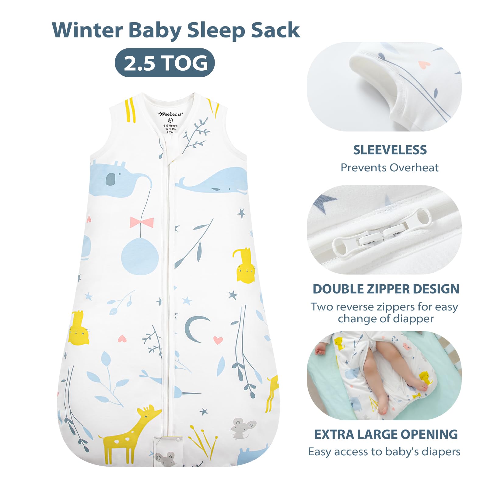 Mosebears Sacco nanna invernale per bambini, 2,5 tog, 100% cotone, per diverse misure, dalla nascita all'età di 24 mesi (animal, 12-18 mesi)
