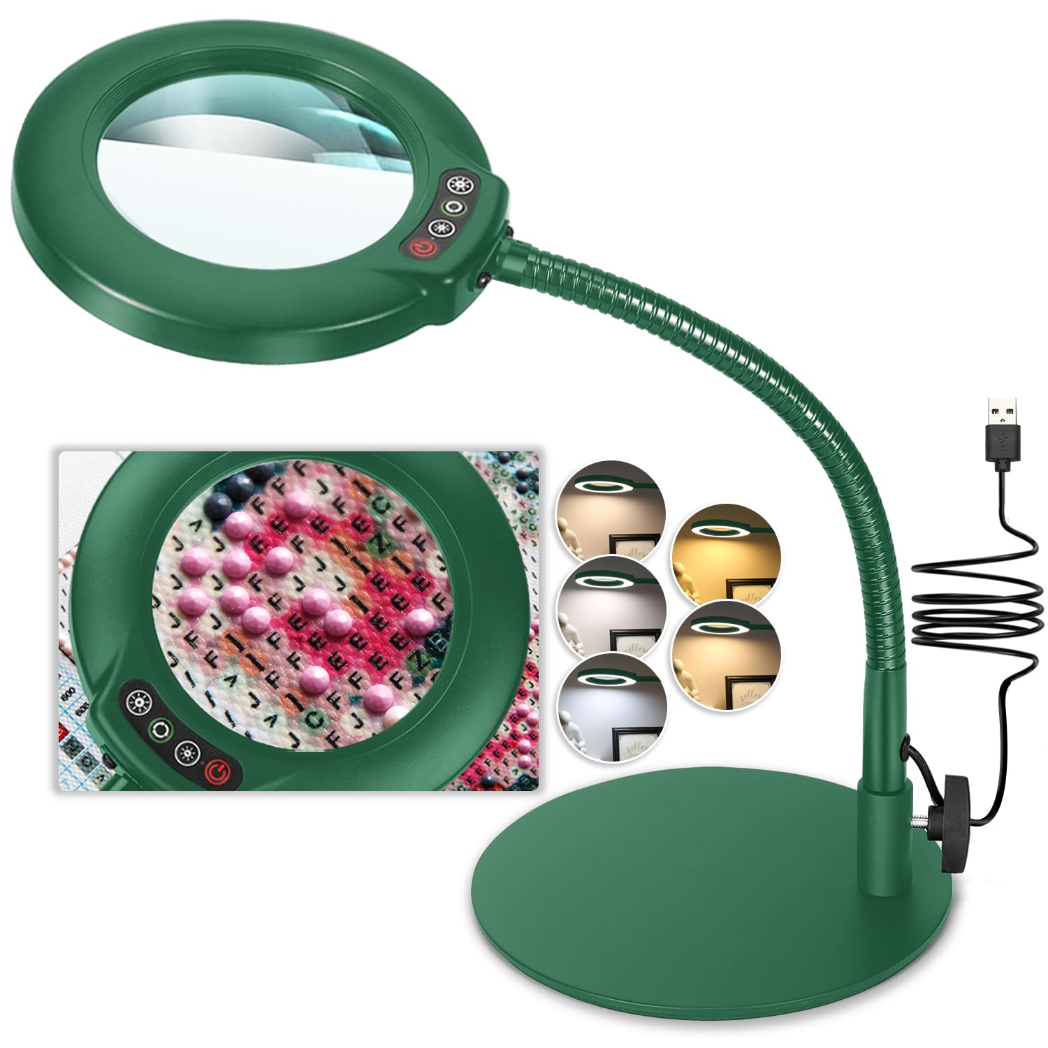 Veemagni 10X Magnifying Glass with Light and Stand, 5 Color Modes Stepless Dimmable LED Lighted Desk Lamp, Hands Free Flexible Gooseneck Magnifier with Light for Craft Hobby Painting Close Work, Green