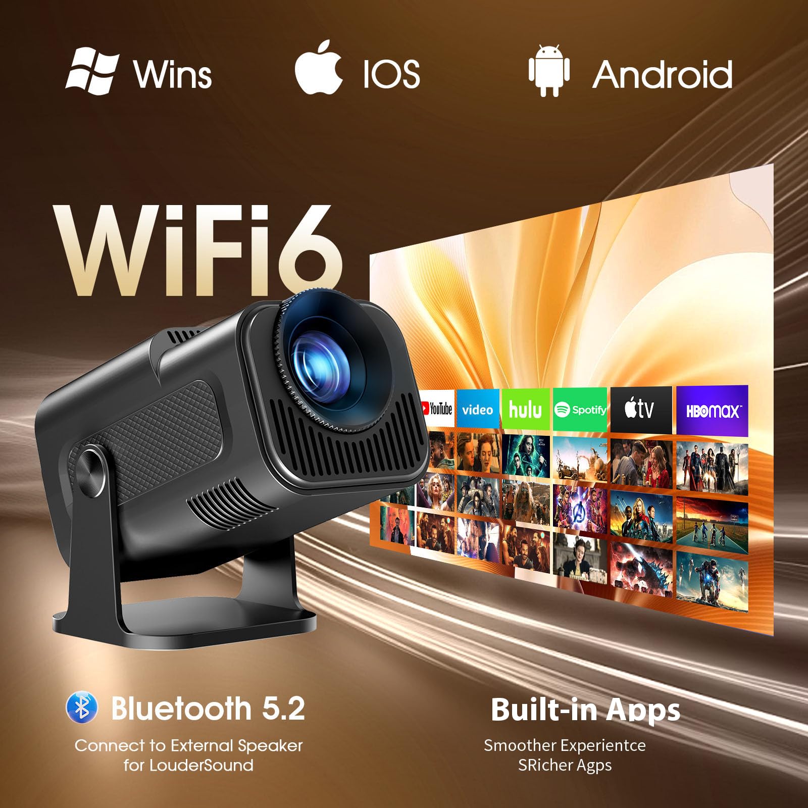 Proyector Portátil 2026 Upgraded 1920x1080P 4K Supote WiFi 6 Bluetooth 5.2 | App Integrada, Dual Control, 180° Rotation, Compatible con HDMI/TV Stick/USB/Laptop, Home Outdoor Videoproyector, Negro