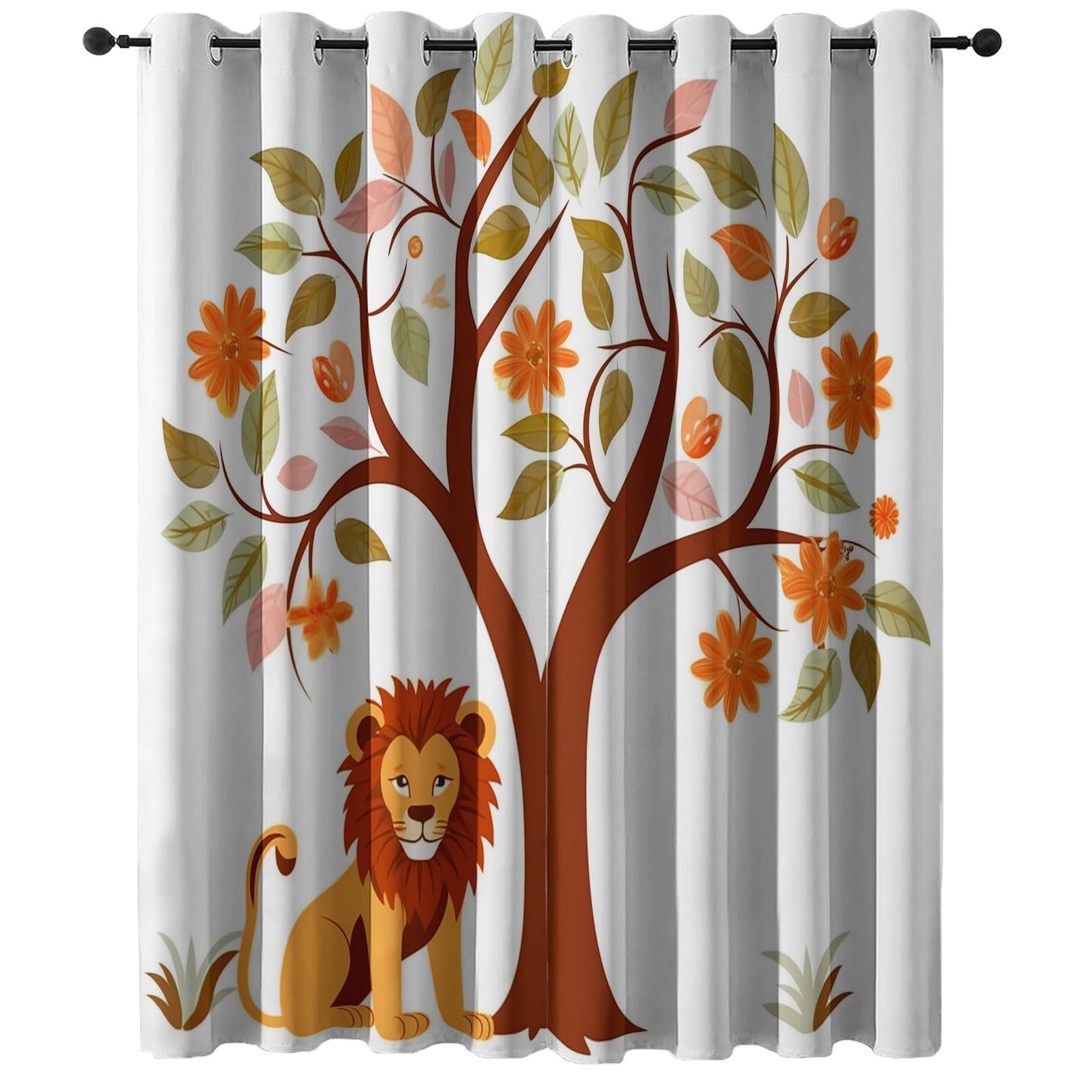 Rideaux dessin animé lion et arbre pour chambre enfant | 2 panneaux marron orange 100x178 cm
