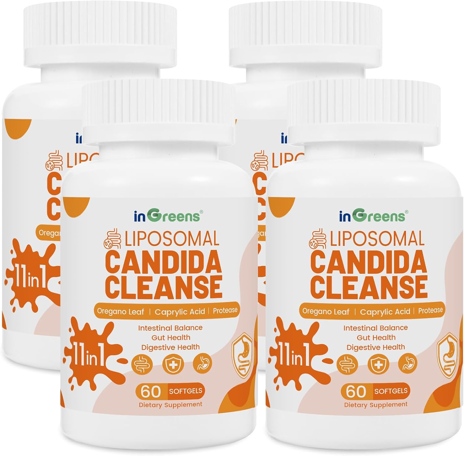 inGreens 11-in-1 Candida Support Supplement, Antifungal Overgrowth, Intestinal Detox & Gut Health for Women & Men, Balance Probiotic, Natural Herbal Oregano & Caprylic Acid Softgels, 120 Count