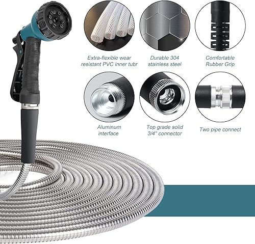 Miniatura 2 de Manguera de jardín de metal de acero inoxidable 304 de 10 pies, manguera de agua resistente con boquilla de 10 funciones, flexible, ligera, sin