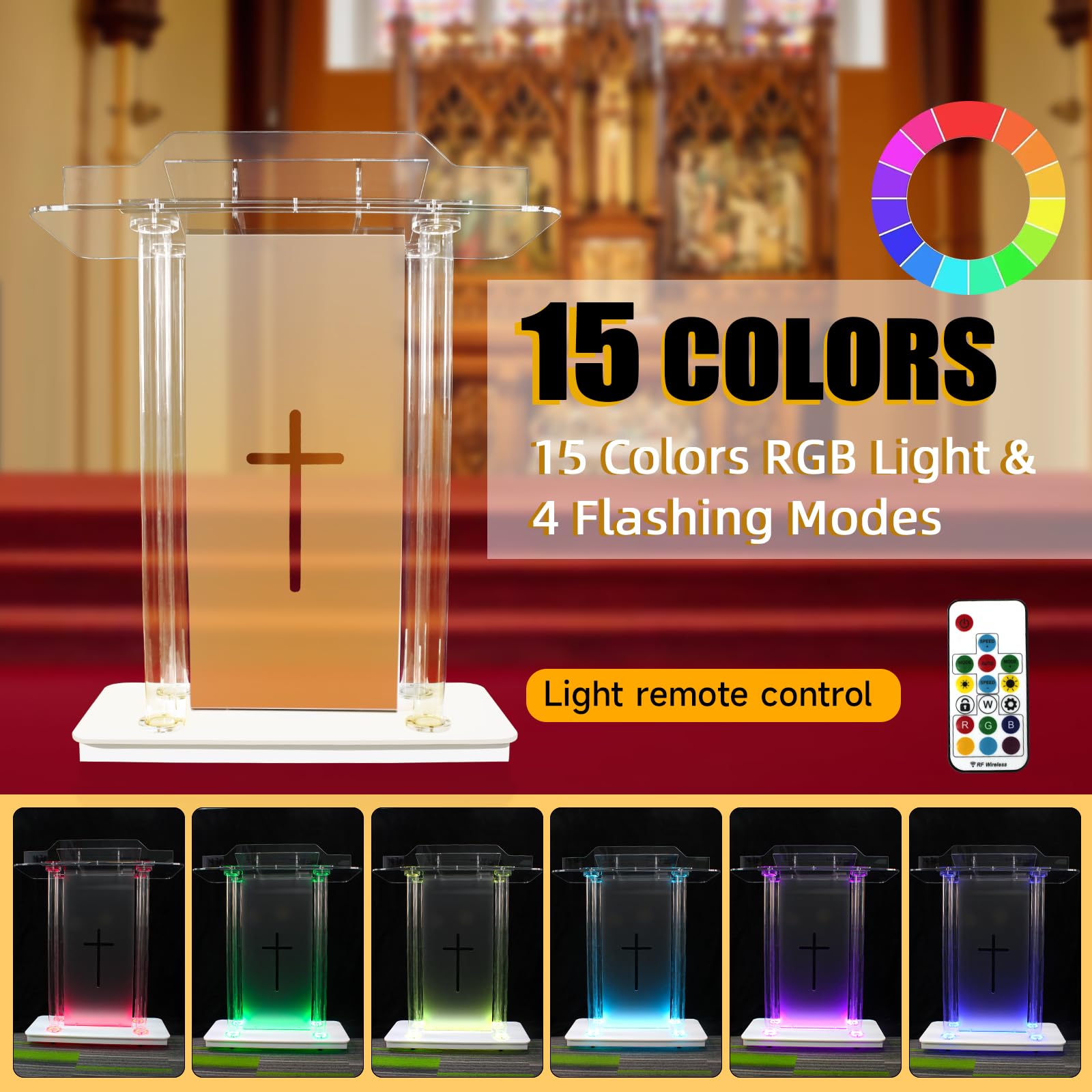 Afitdon Chaire d'église Pupitre en Acrylique Transparent avec Roues et 15 Couleurs de lumière LED réglables, Grand Support Acrylique pour église, Concert, conférence, Mariage, Salle de Classe