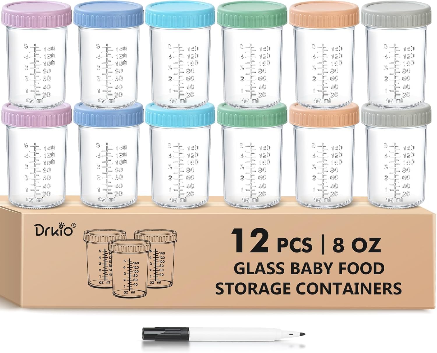 Latern 12Pcs Glass Baby Food Storage Containers, 240Ml /8Oz Bpa Free Baby Food Jar 100% Leak Proof Reusable Food Container With Lid & Marker For Microwave & Dishwasher & Freezer Safe