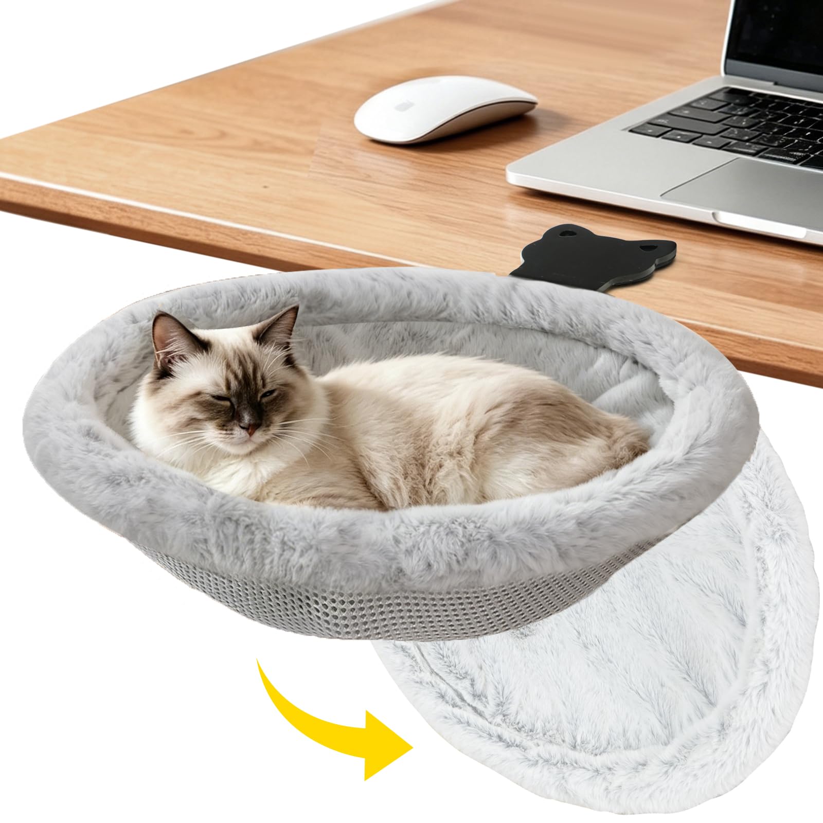 VavoPaw Cama-Escritorio para Gatos, Percha Metálica para Gatos Sin Necesidad De Taladrar, Hamaca Plegable con Clip Y Alfombrilla, Soporta hasta 18 Kg, Muebles para Gatos Que Ahorran Espacio, Gris
