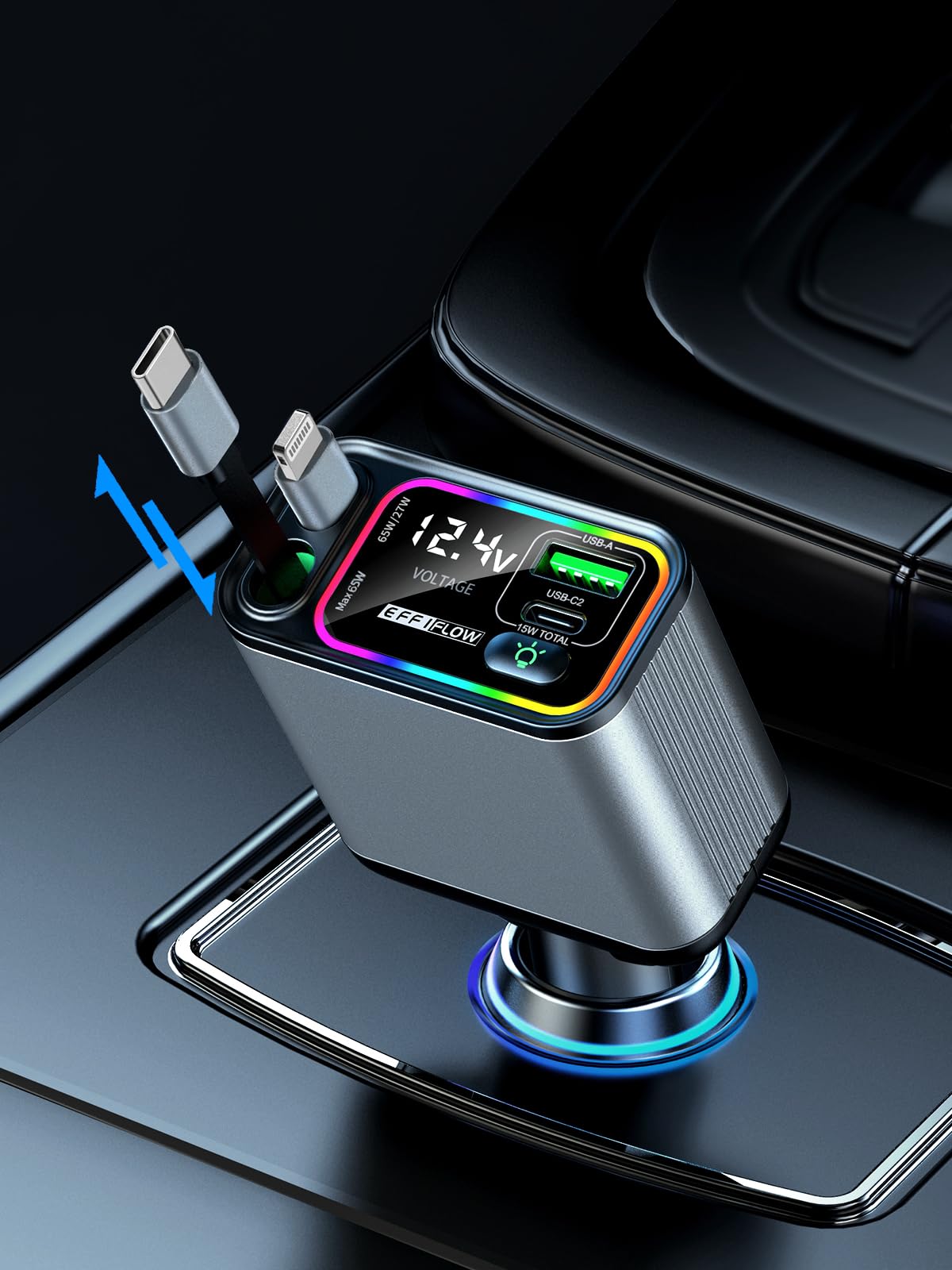 EFFIFLOW Retractable Car Charger USB C & Lightning, 107W Fast Charging Type-C Car Charger with Built-in Lightning Cable, Compatible with iPhone 17/16/