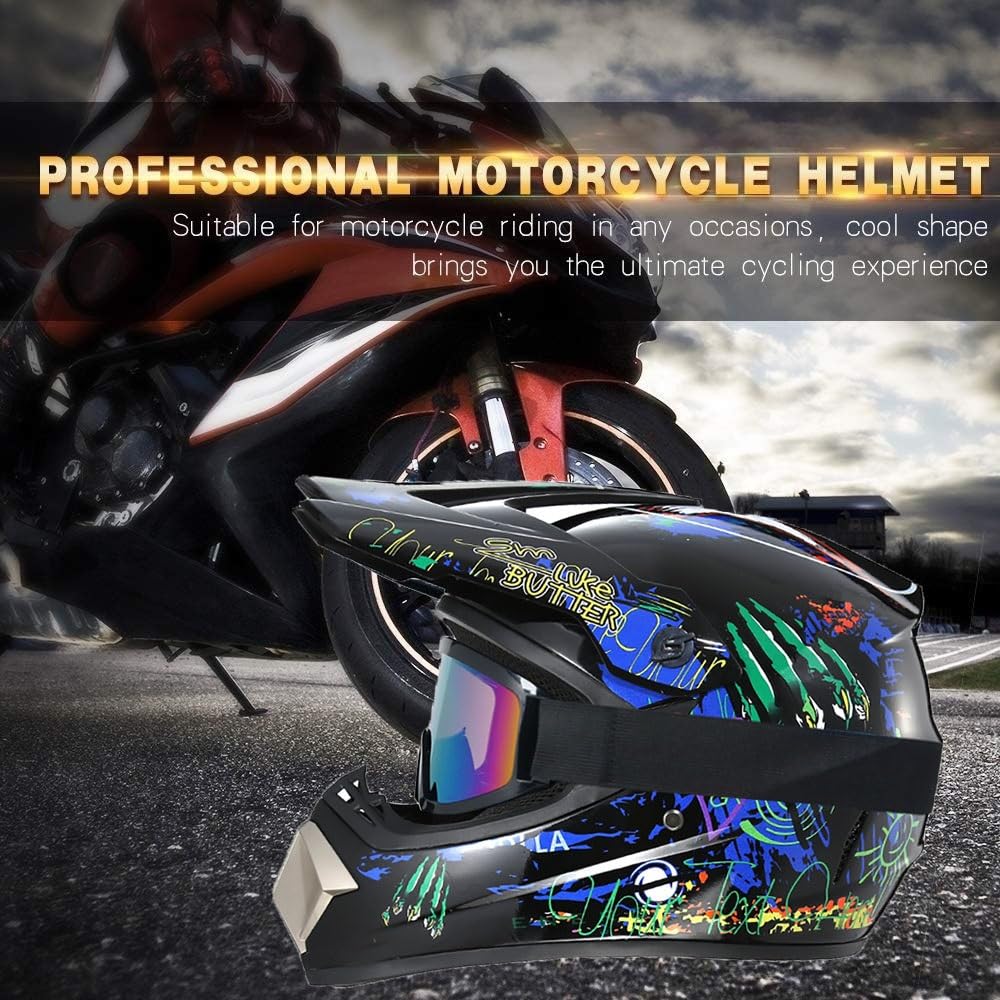 Dual Sport MTB Casco da Motocross, con Occhiali Guanti Maschera, Gioventù Bambini Integrali Fuori Strada ATV Scooter Strada Moto Caschi, Discesa BMX Quad Dirt Bike Enduro Casco