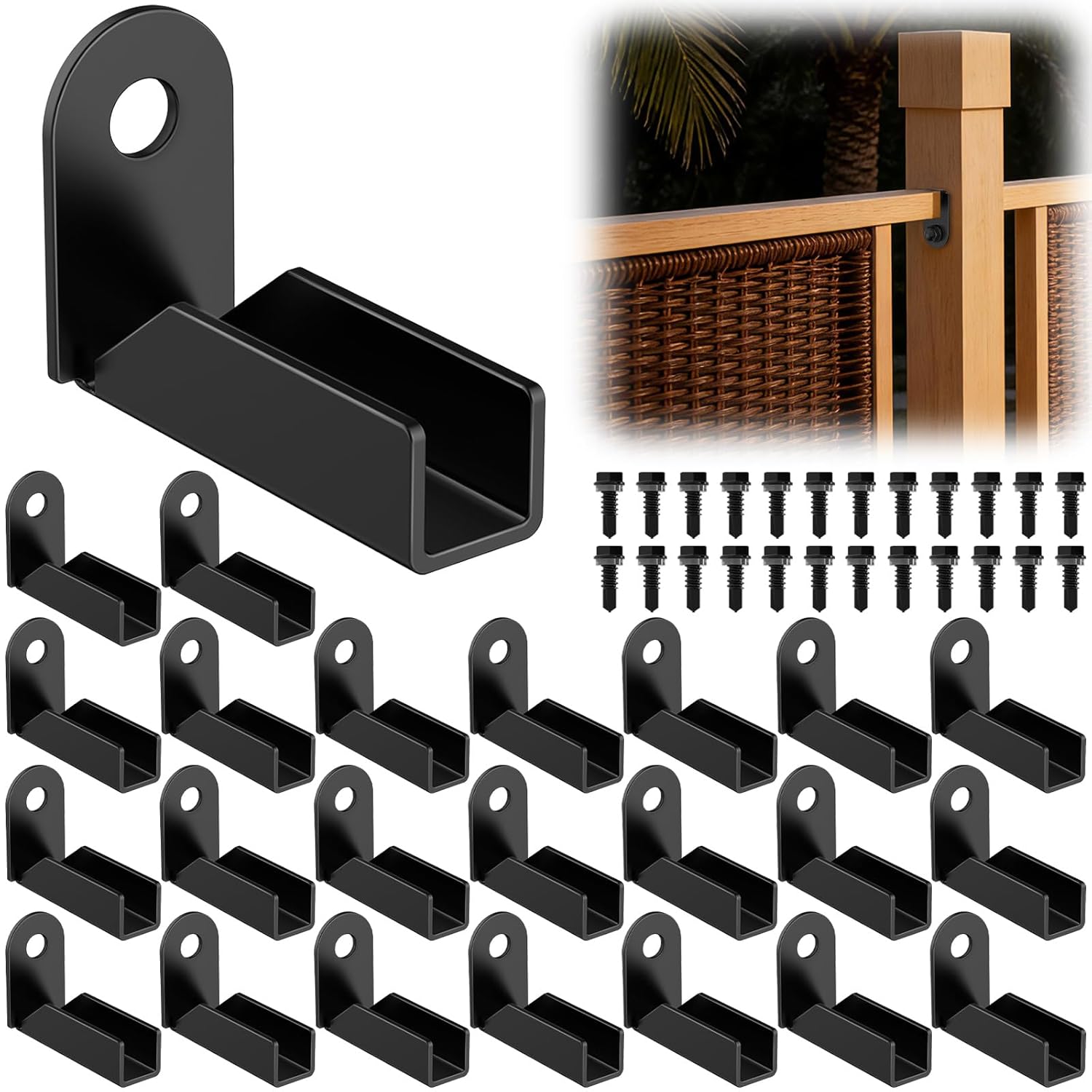 Linone 24 Pack Black Carbon Steel Fence Mounting Brackets for 1" x 1" Square Rails, Fence Panel Internal Connectors