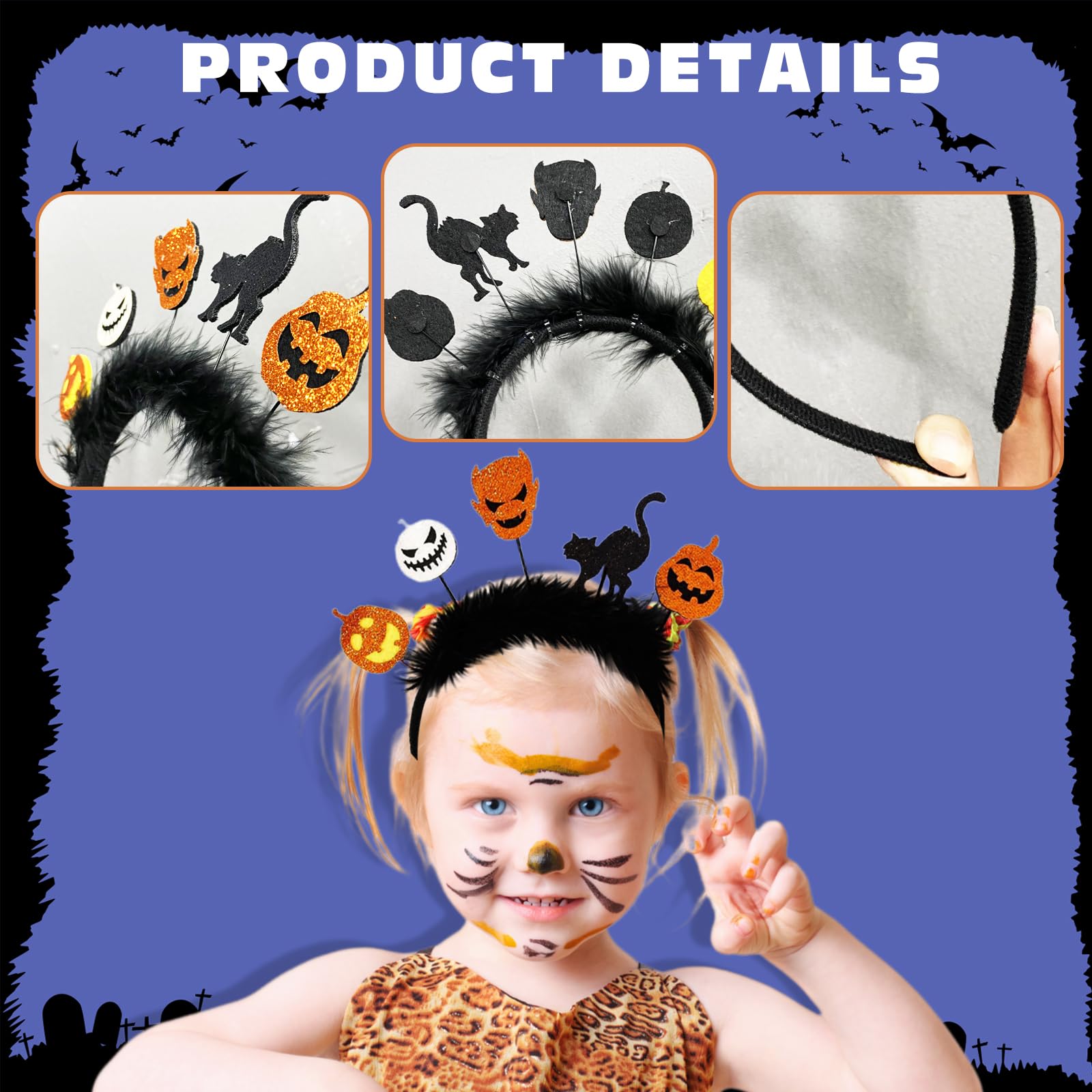 YAUOIPI 2 Pcs Halloween Headbands for Kids Glitter Pumpkin Witch Ghost Cat Hair Bands for Halloween Cosplay Party Masquerade Fancy Dress Carnival Accessories (Black) - Image 3