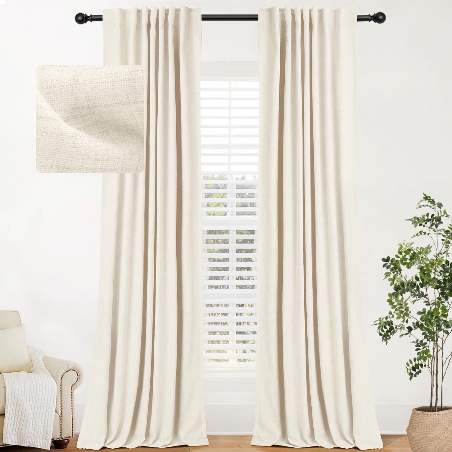 INOVADAY 100% Blackout Curtains for Bedroom, Thermal Black Out Curtains, Back Tab/Rod Pocket Linen Blackout Drapes, Room Darkening Drapes for Living Room, 52''W x 90''L, Cream