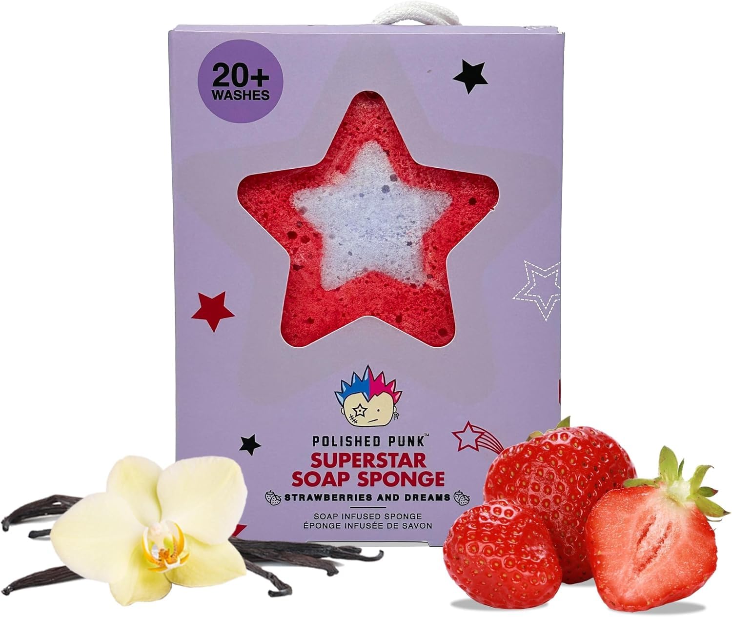 Esponja natural con infusión de jabón para niños y adolescentes, suave con la piel, más de 20 usos (fresas y sueños)