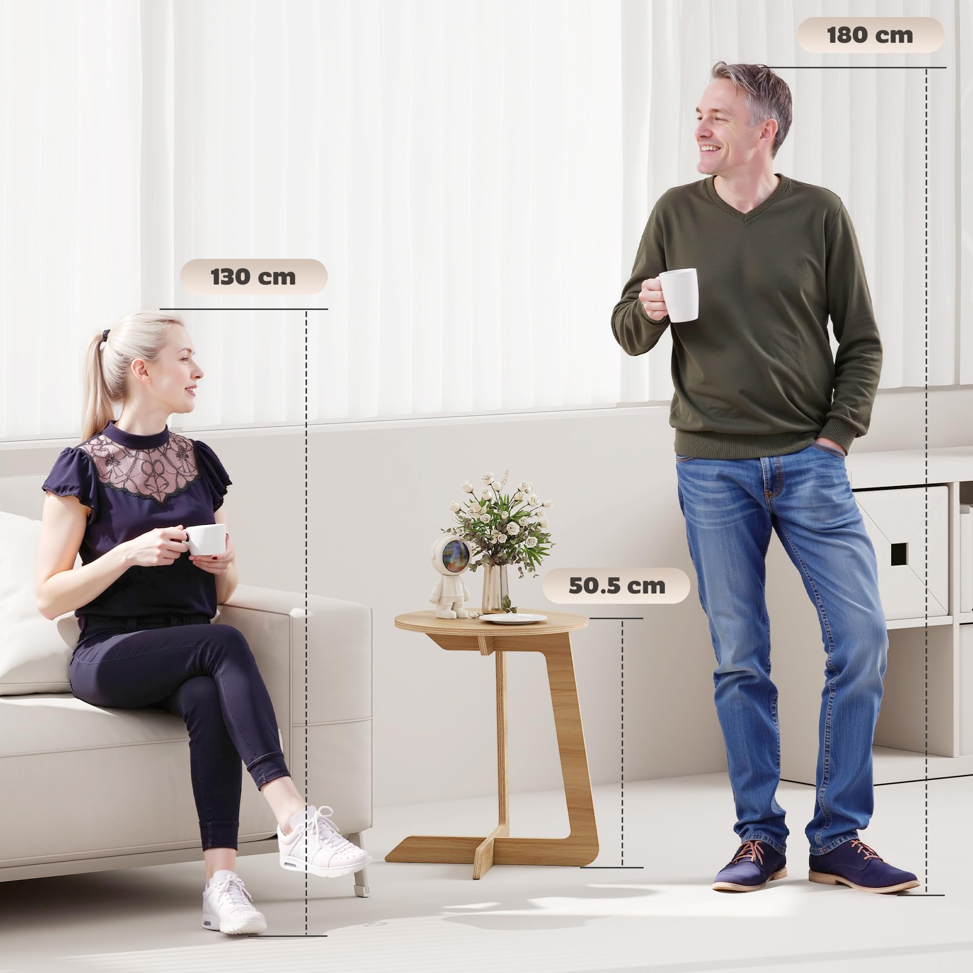 HOMCOM Mesa Auxiliar en Forma de C Montaje Rápido Salón Dormitorio Natural | Mesita Auxiliar Redonda, para Espacios Pequeños
