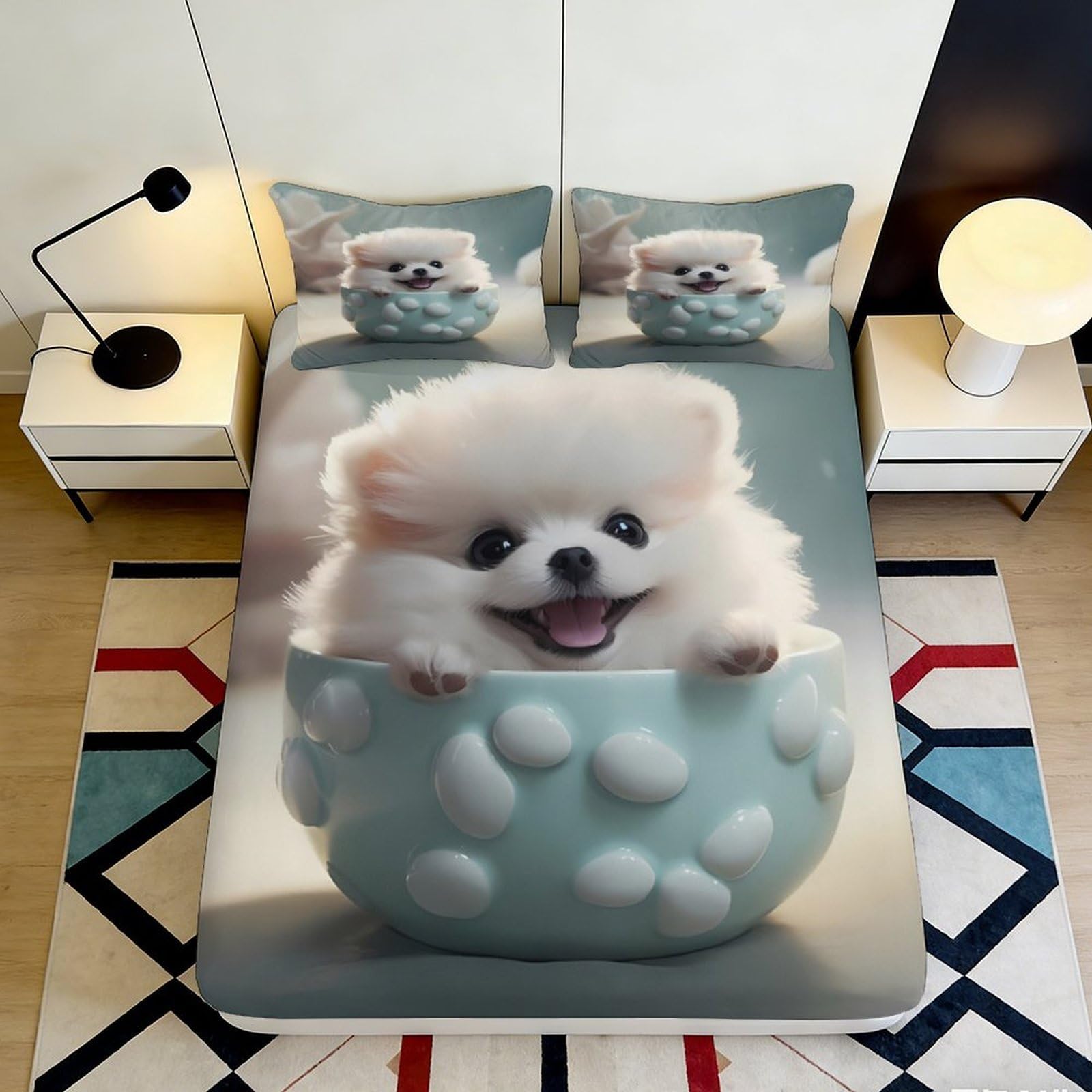 3D Printed Cartoon Dog Fitted Sheet Microfiber Deep Pocket Non-Slip Dog Mattress Fitted Cover Soft Washable Bedroom Bedding 200x200x25cm 90x200x25cm
