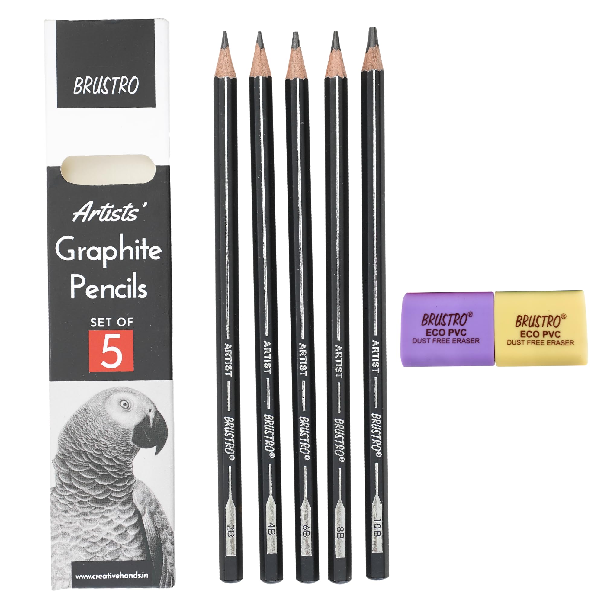 BRUSTRO Graphite Pencils |Set of 5 (2B, 4B, 6B, 8B, 10B),with ECO PVC Dust Free Erasers (2 Pcs)| Ideal for Fine Art Students,Adults, Drawing,Sketching,Mandala, Shading, Pencils for Beginners, Artists