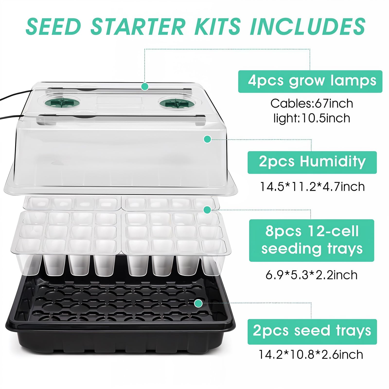 Bandeja de inicio de semillas con luz de crecimiento, kit de inicio de semillas de 96 celdas, bandejas de inicio de plántulas con cúpulas de humedad, temporizador automático, bandejas de