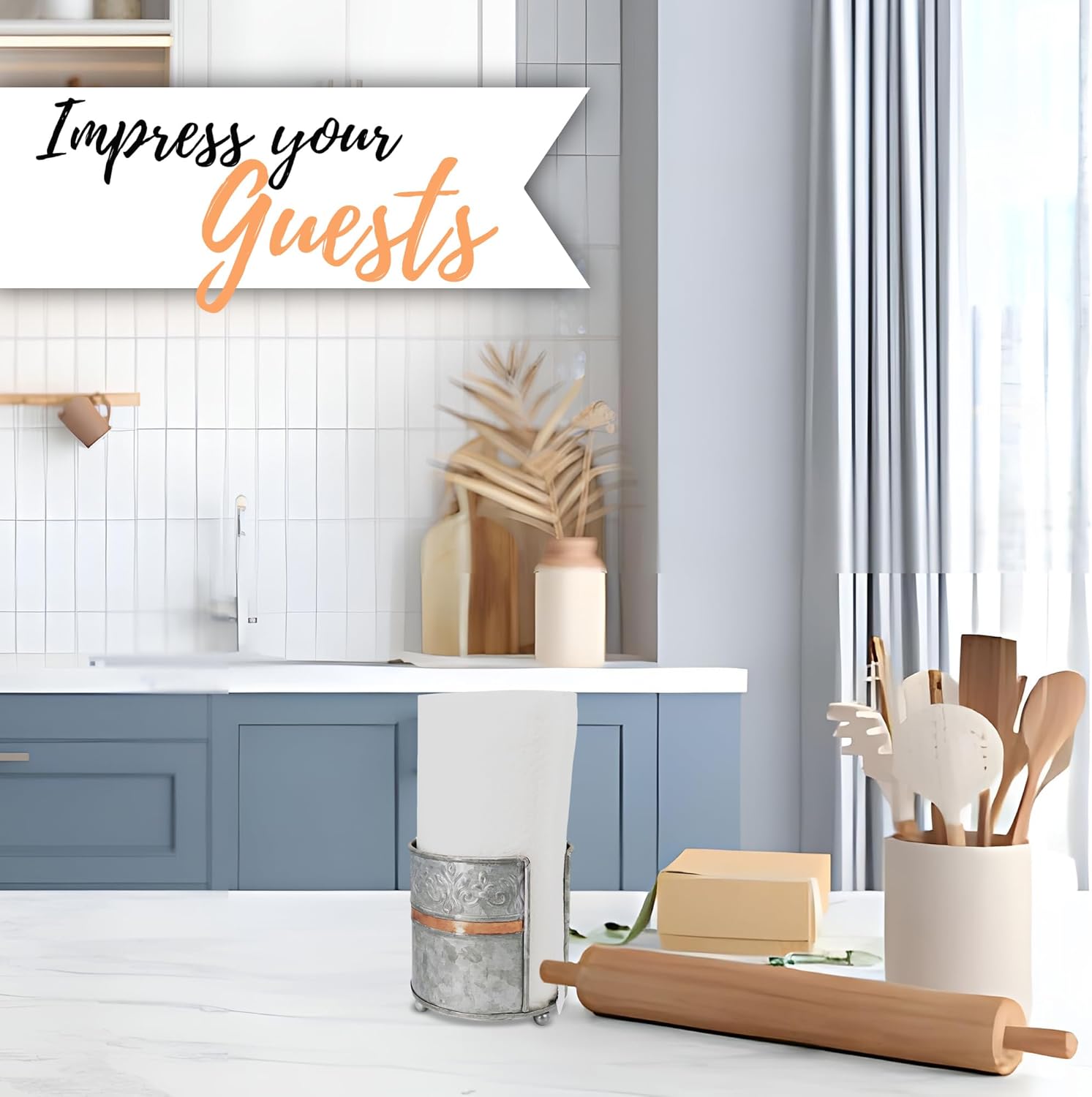 Autumn Alley Farmhouse Galvanized Kitchen Paper Towel Holder – Vintage Style Weighted Countertop Design – Rustic Warm Copper Accent with Galvanized Metal for Industrial Flair