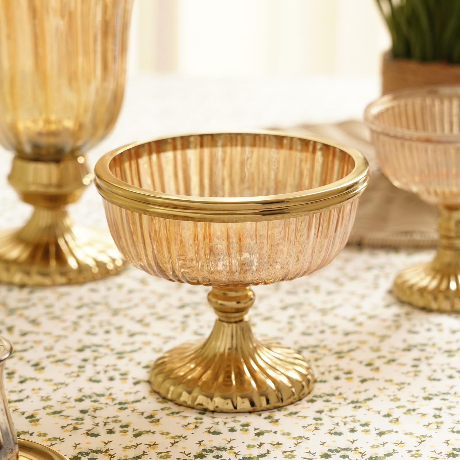 Pure Home + Living Gold Ribbed Glass Decorative Bowl with Stand - Small-image-30